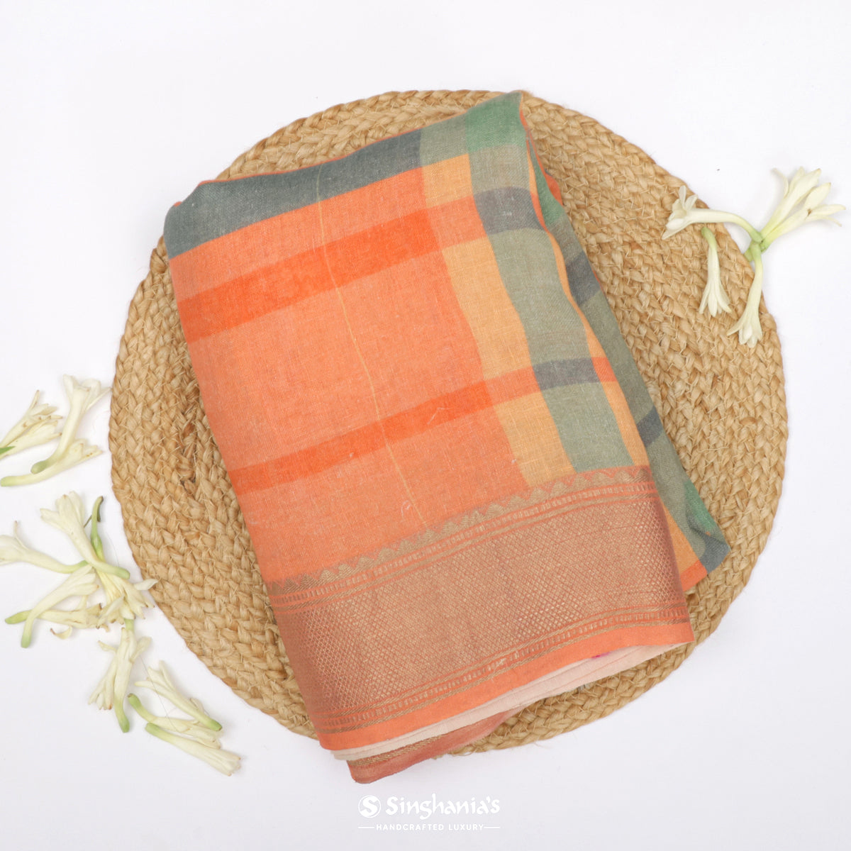 Pastel Peach Multishade Printed Linen Saree With Checks Pattern