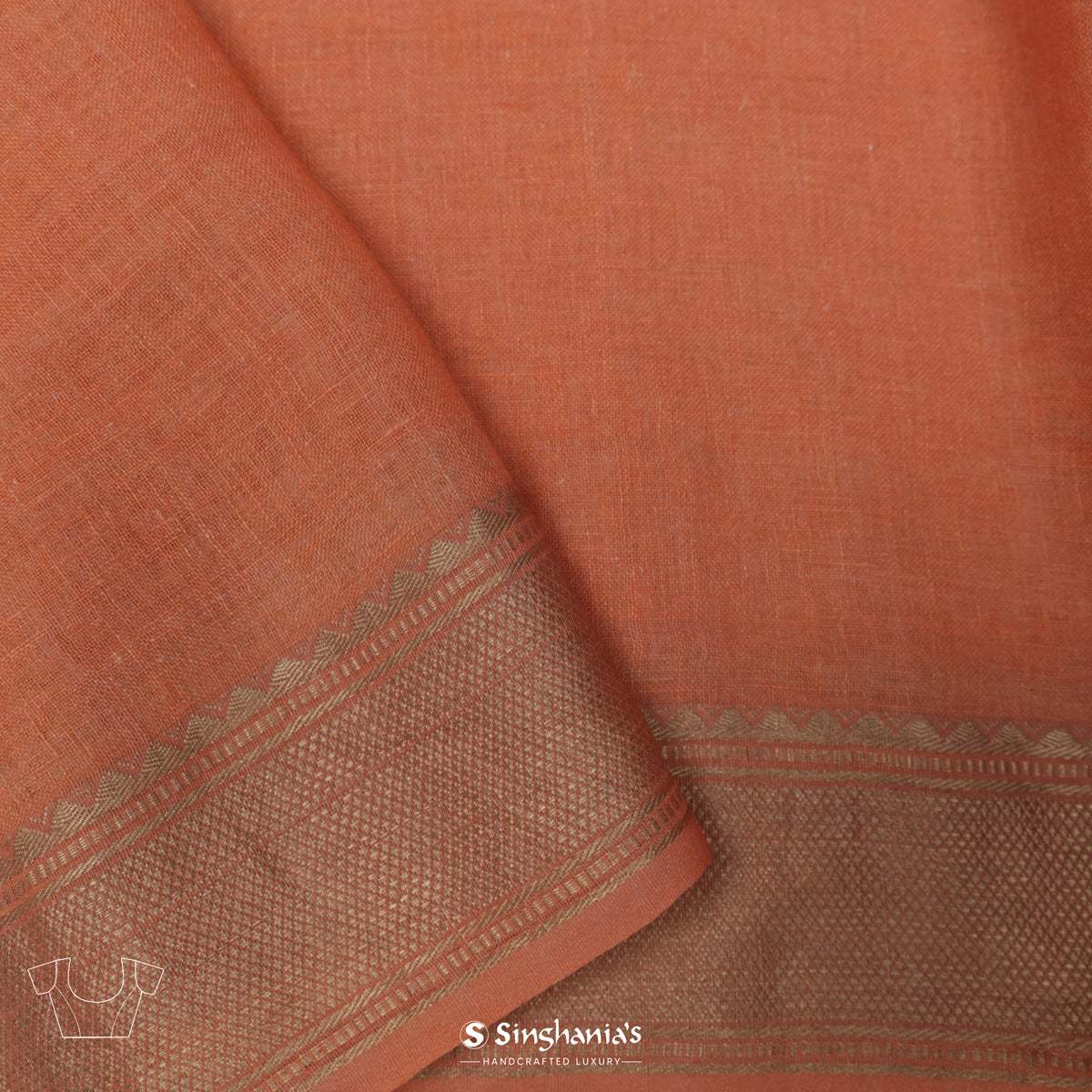 Pastel Orange Multishade Printed Linen Saree With Checks Pattern