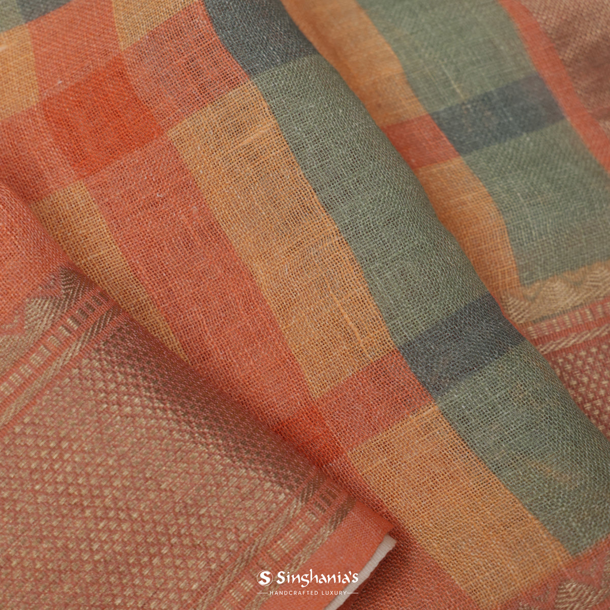 Pastel Orange Multishade Printed Linen Saree With Checks Pattern