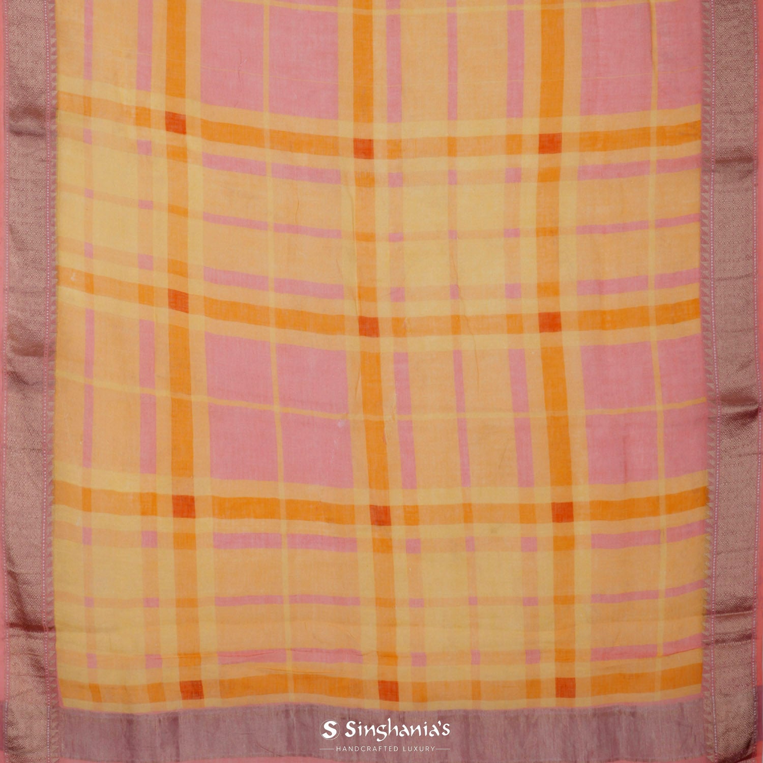 Pastel Yellow Multi Shade Printed Linen Saree With Checks Pattern