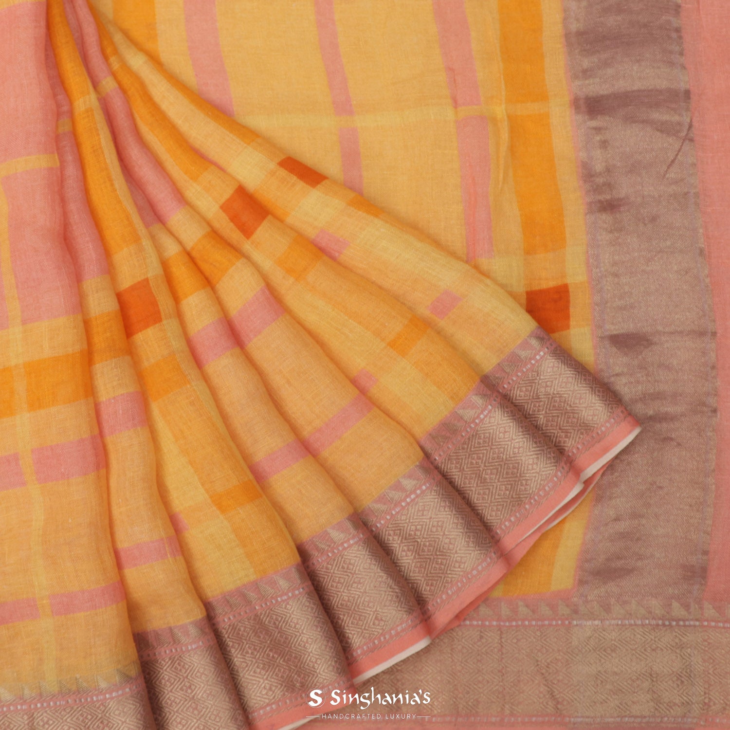 Pastel Yellow Multi Shade Printed Linen Saree With Checks Pattern