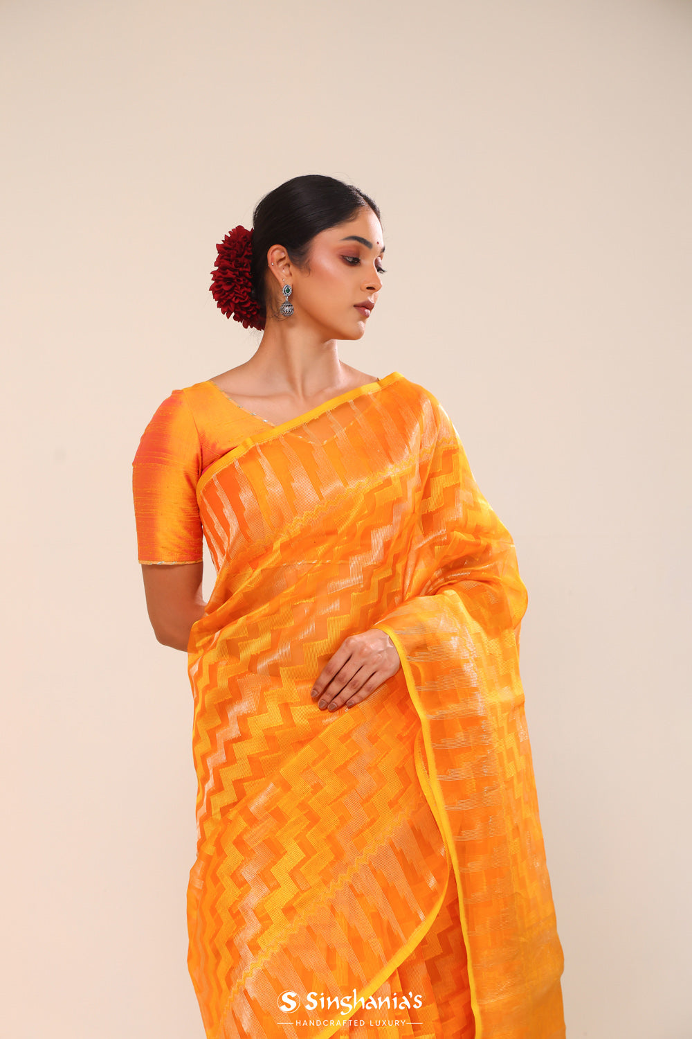 Marigold Orange Organza Chiniya Banarasi Saree