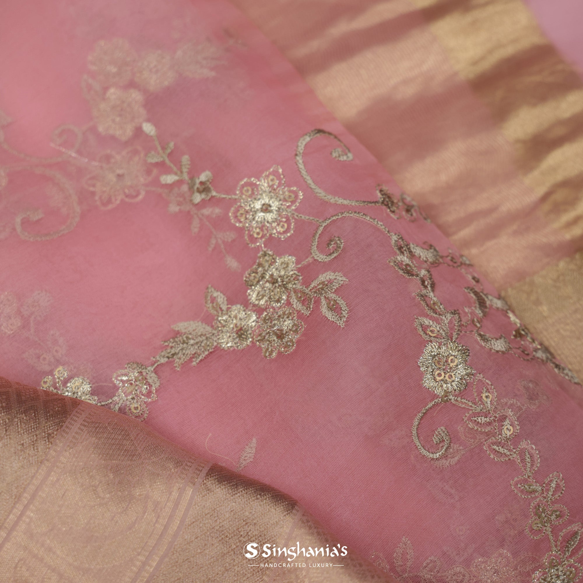 Cherry Blossom Pink Organza Saree With Embroidery