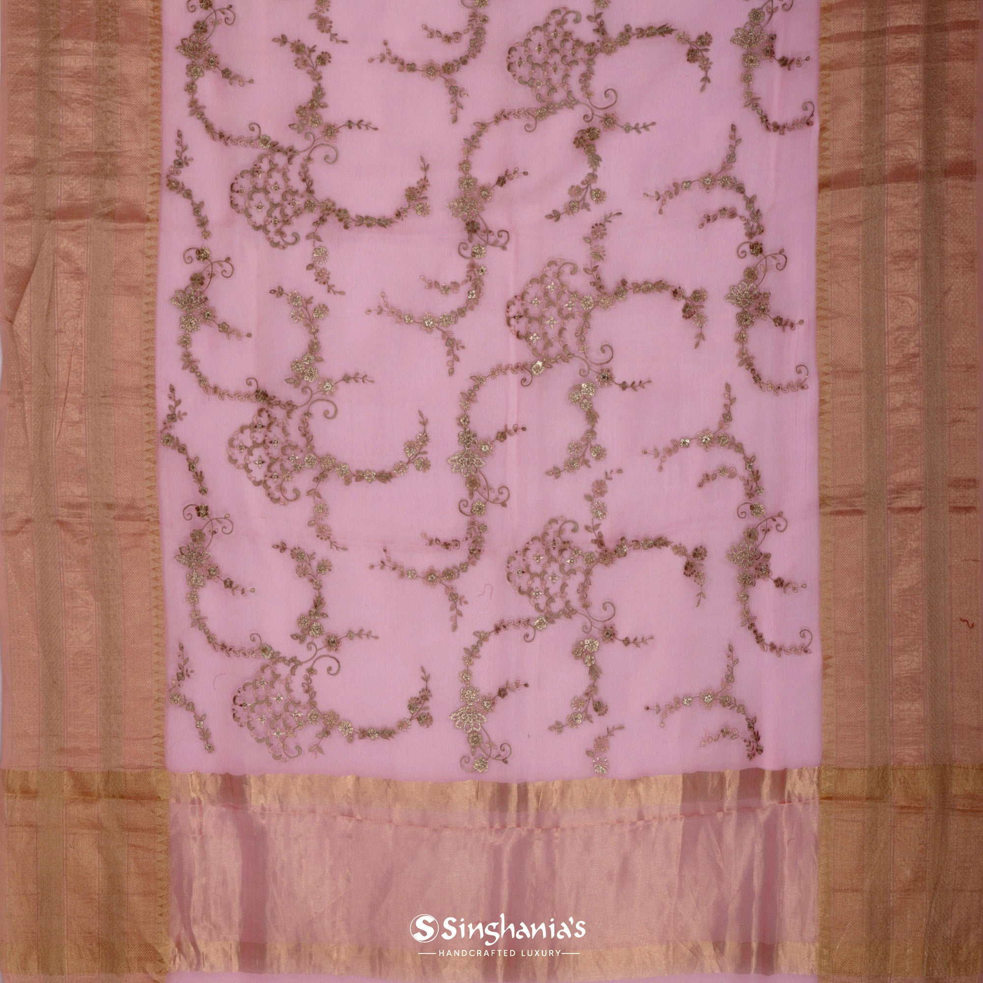 Cherry Blossom Pink Organza Saree With Embroidery