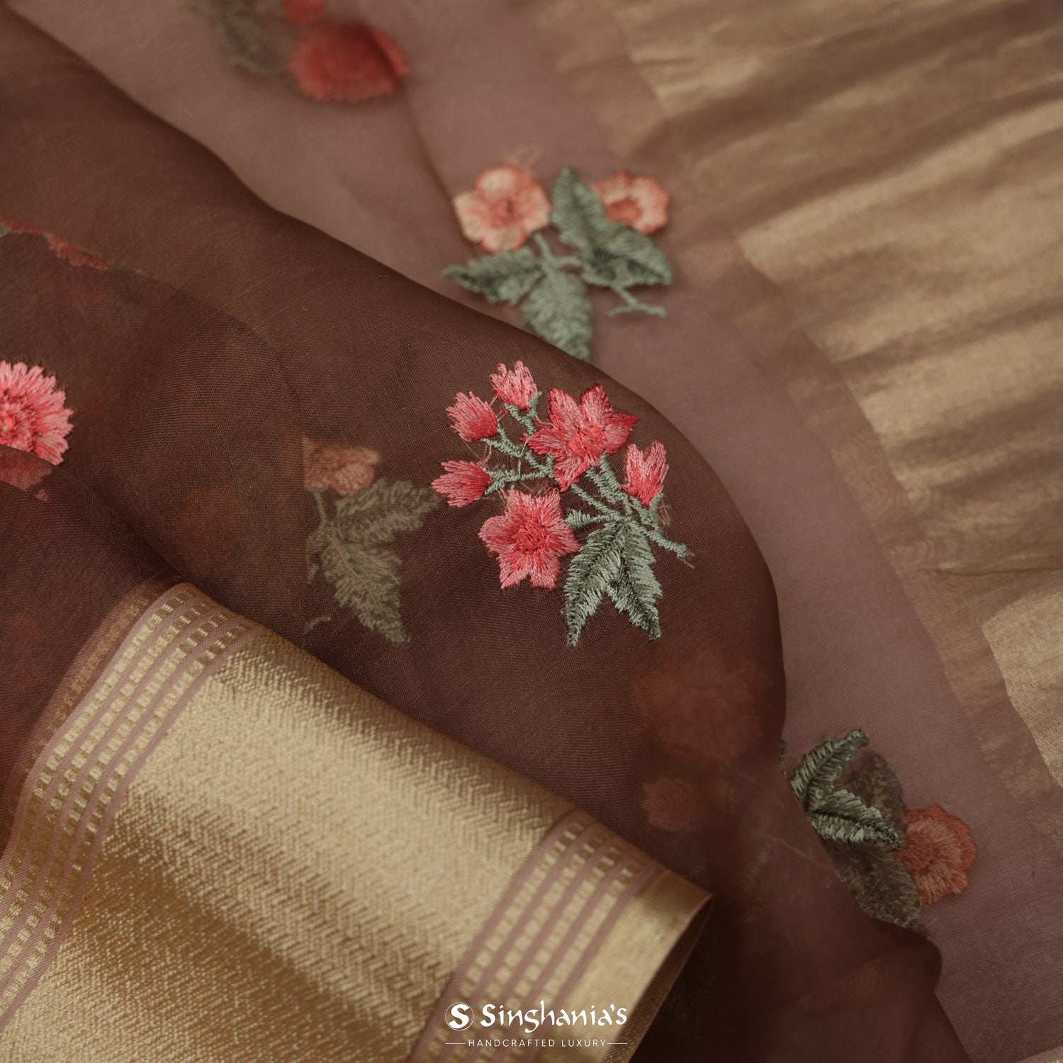 Coconut Brown Organza Saree With Floral Thread Embroidery
