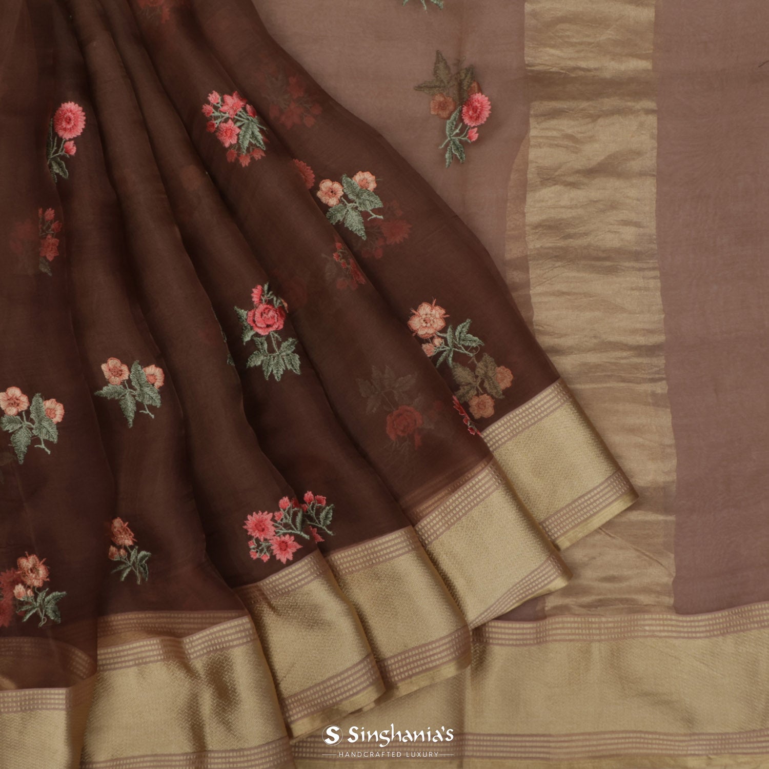 Coconut Brown Organza Saree With Floral Thread Embroidery