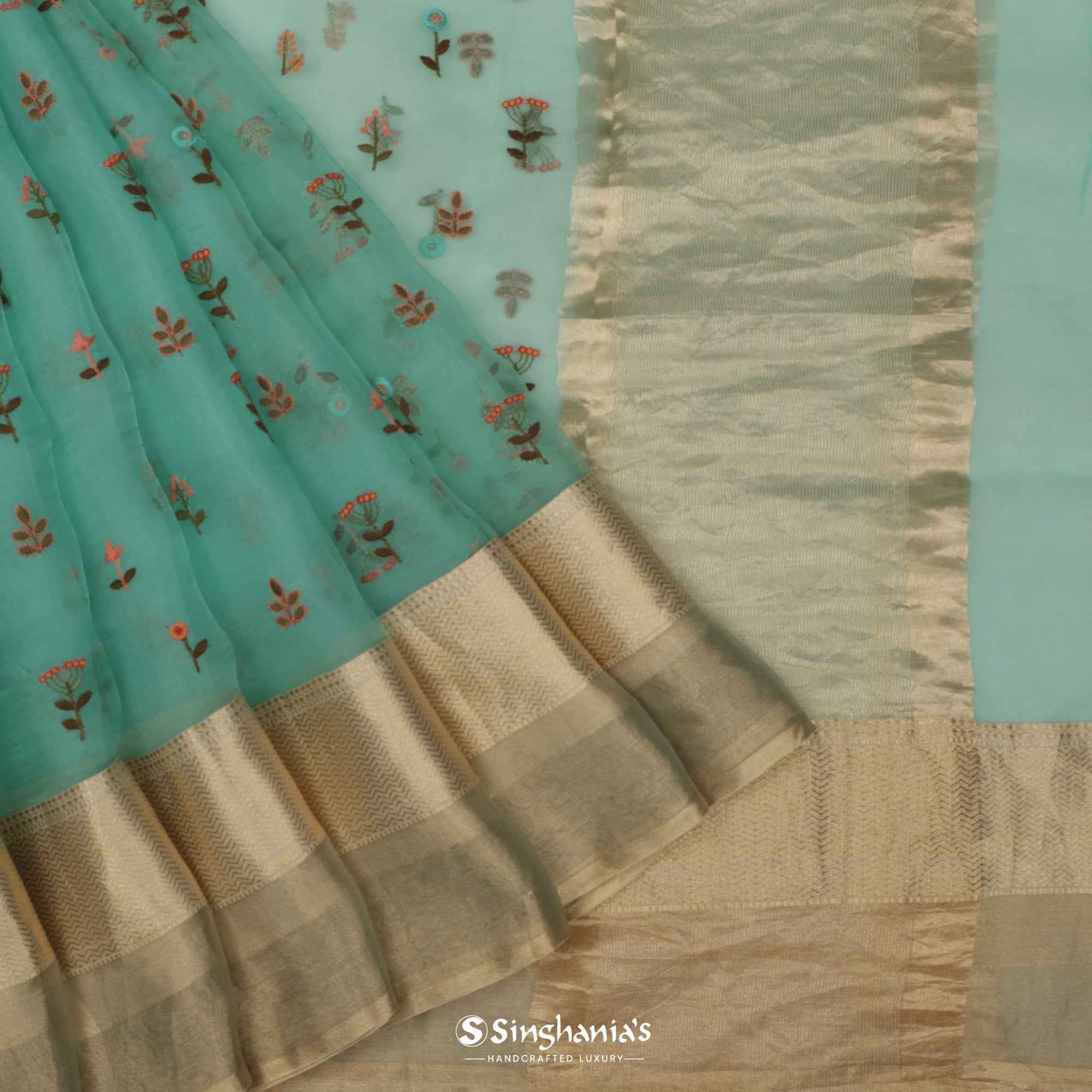 Tiffany Blue Organza Saree With Floral Embroidery
