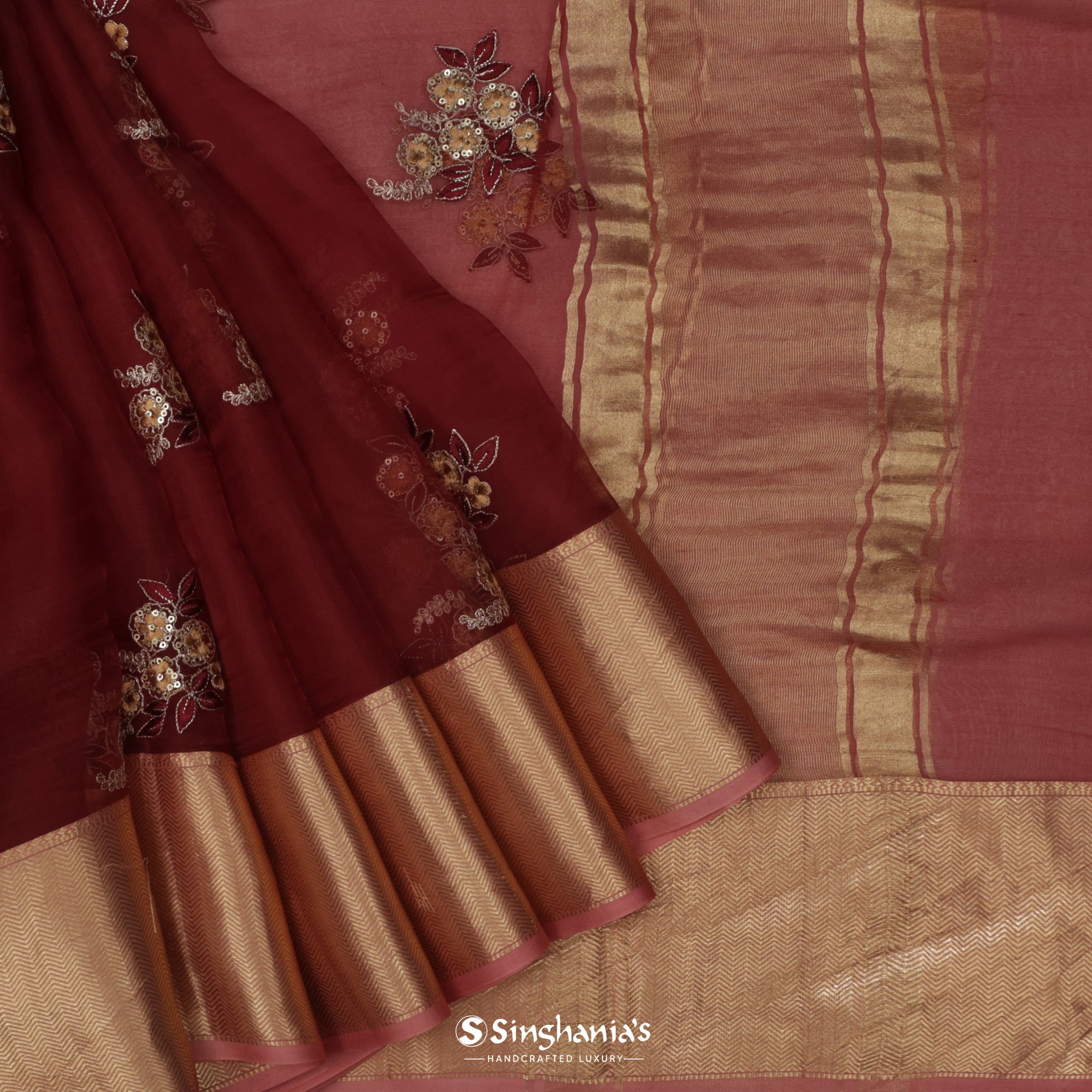 Falu Red Organza Saree With Floral Embroidery