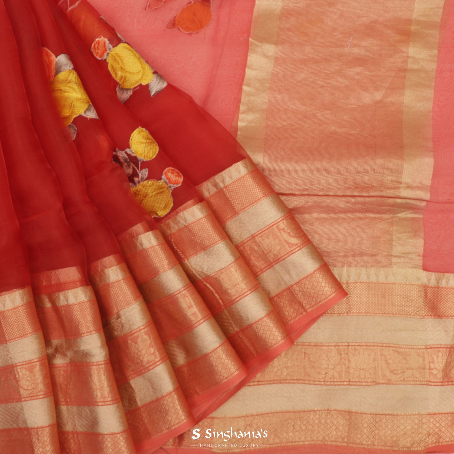 Rufous Red Organza Saree With Floral Embroidery