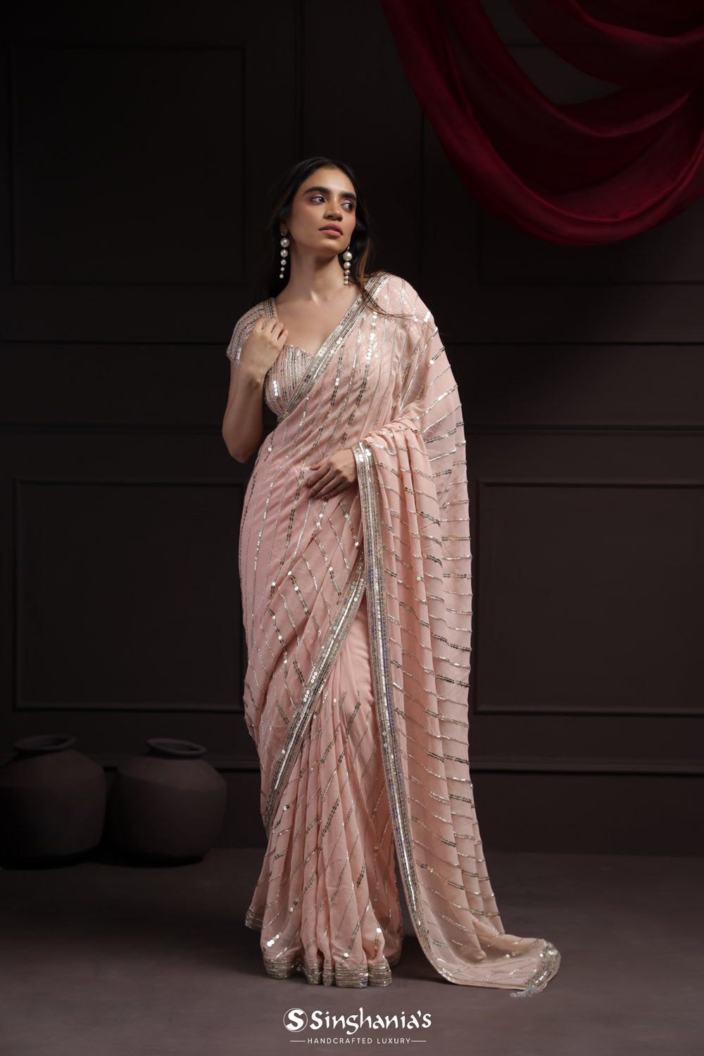 Gold Pink Tissue Designer Saree With Hand Embroidery