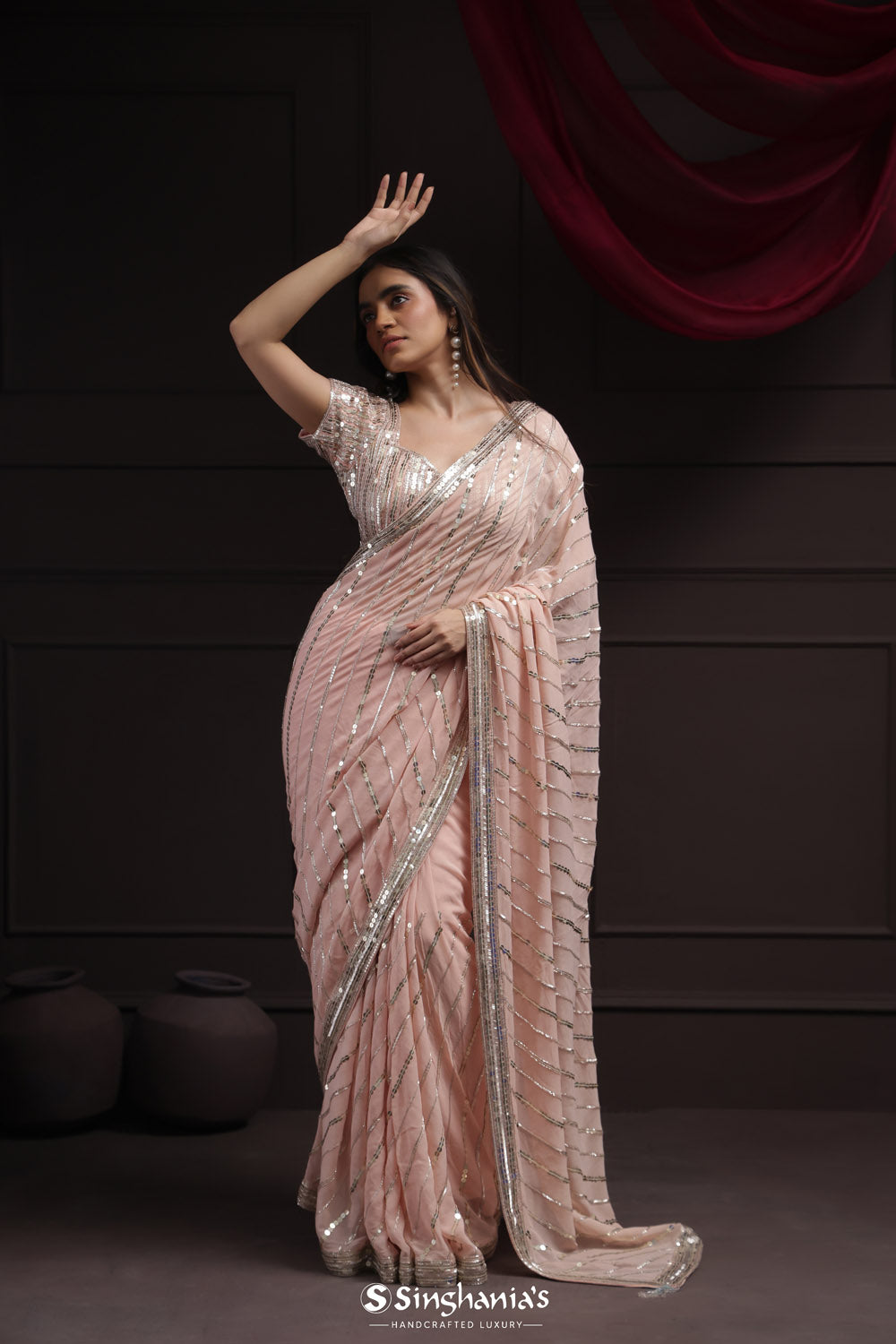 Gold Pink Tissue Designer Saree With Hand Embroidery