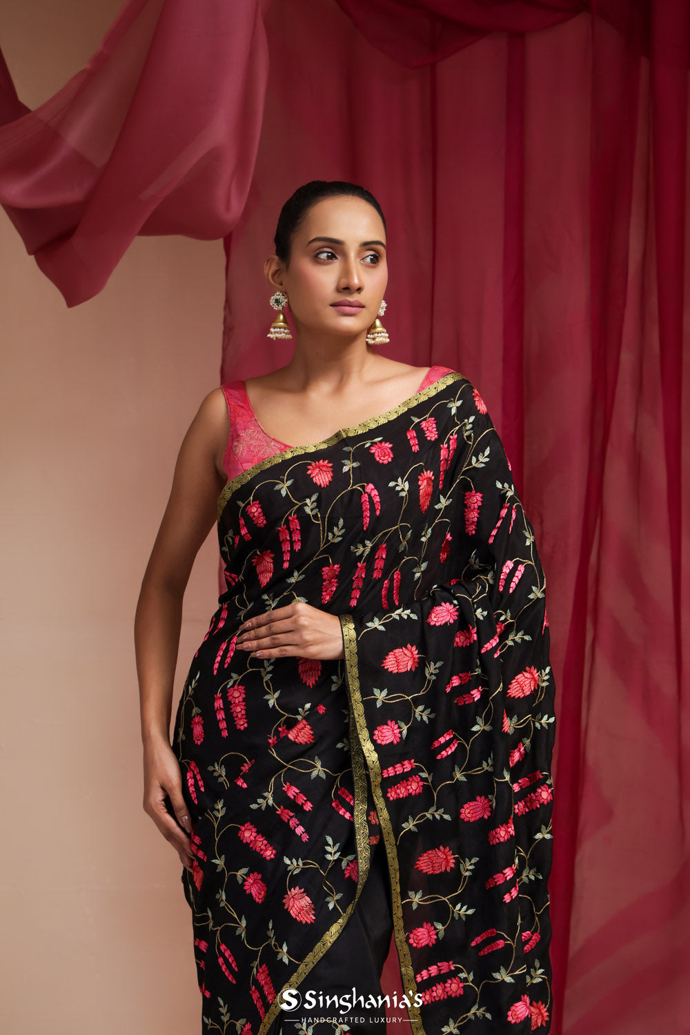 Classic Black Embroidery Silk Saree With Floral Jaal Design