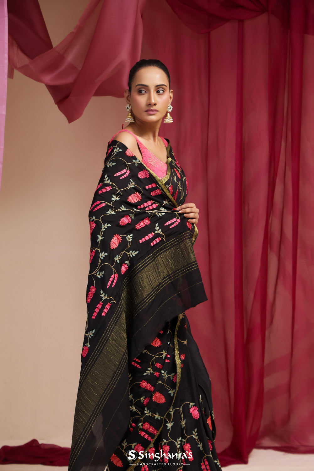 Classic Black Embroidery Silk Saree With Floral Jaal Design