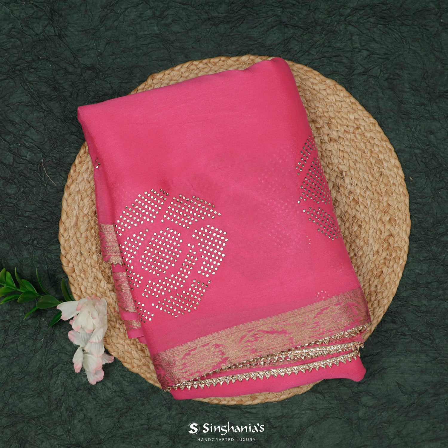 French Pink Georgette Saree With Mukaish Work