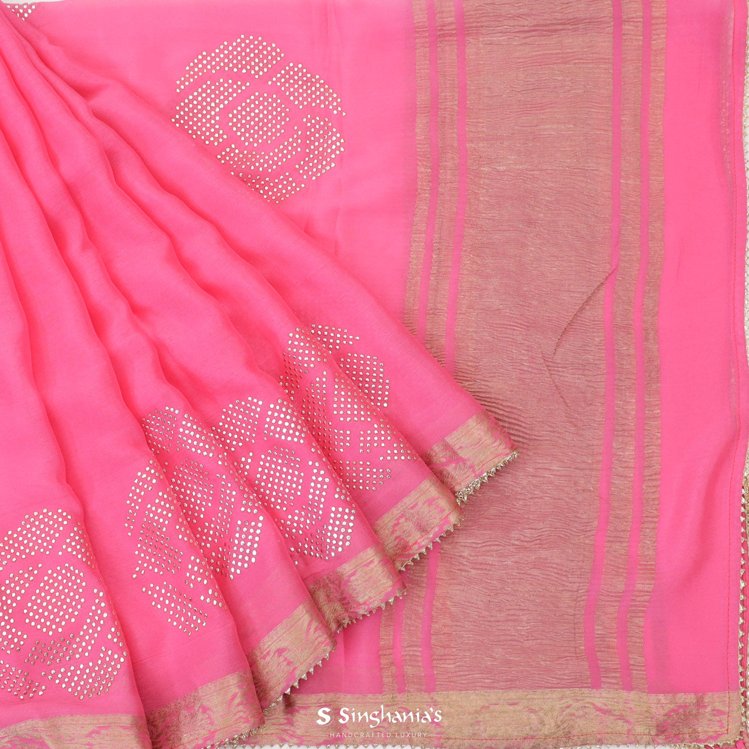 French Pink Georgette Saree With Mukaish Work