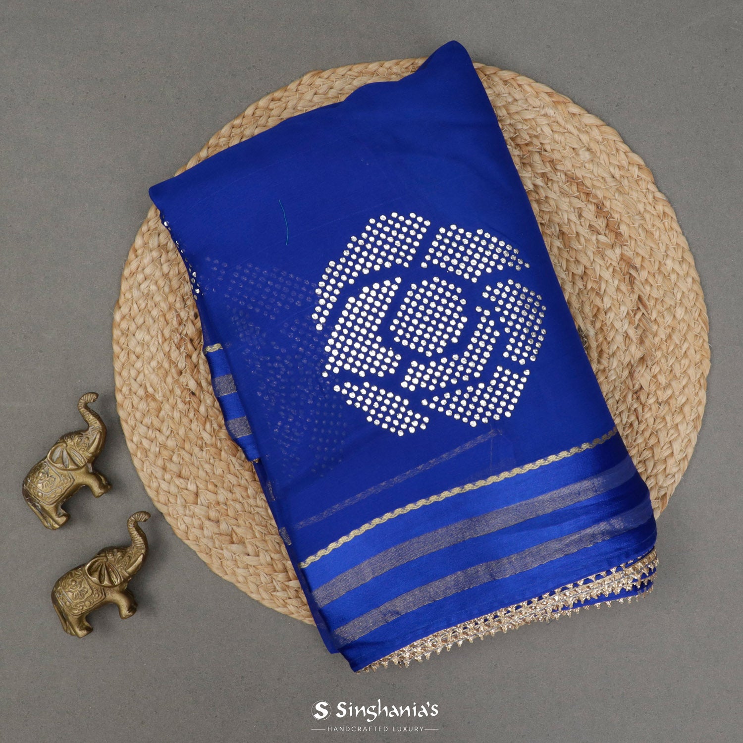 Ultramarine Blue Georgette Saree In Mukaish Work In Floral Buttas