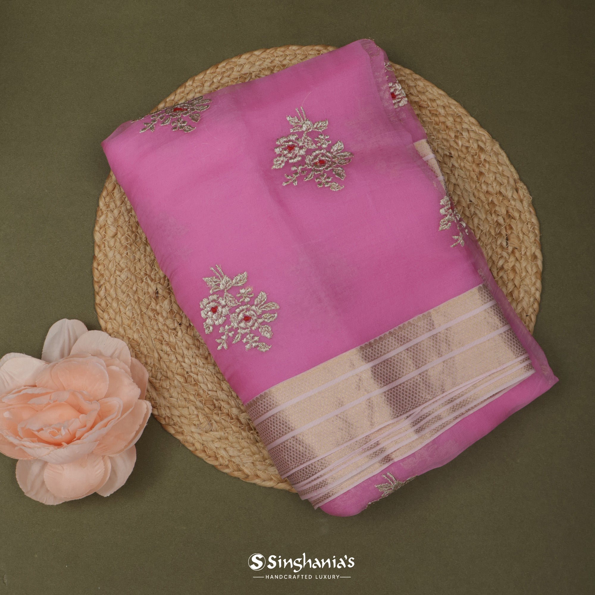 Neon Pink Organza Saree With Embroidery
