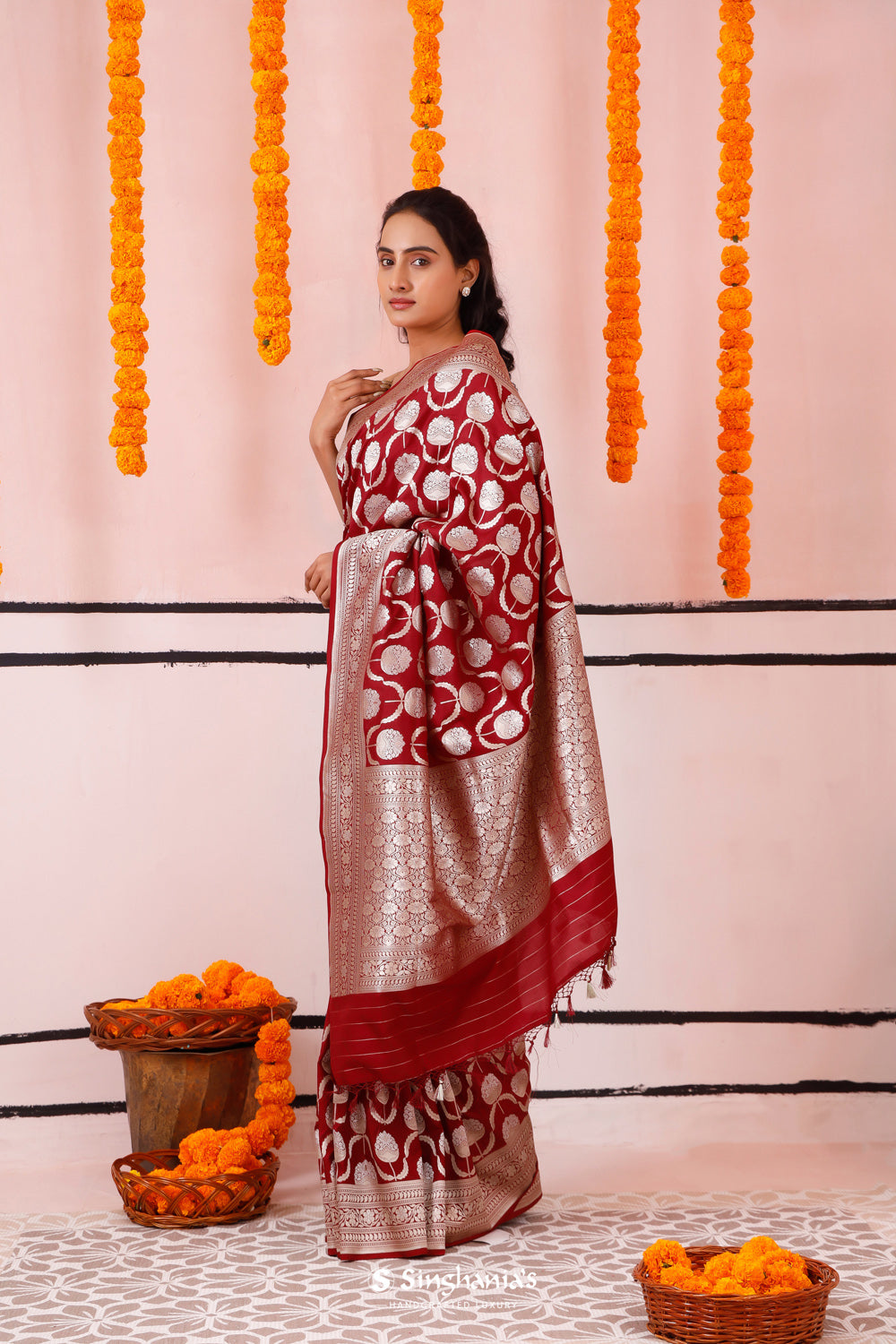 Burgundy Red Banarasi Silk Saree With Zari Butta