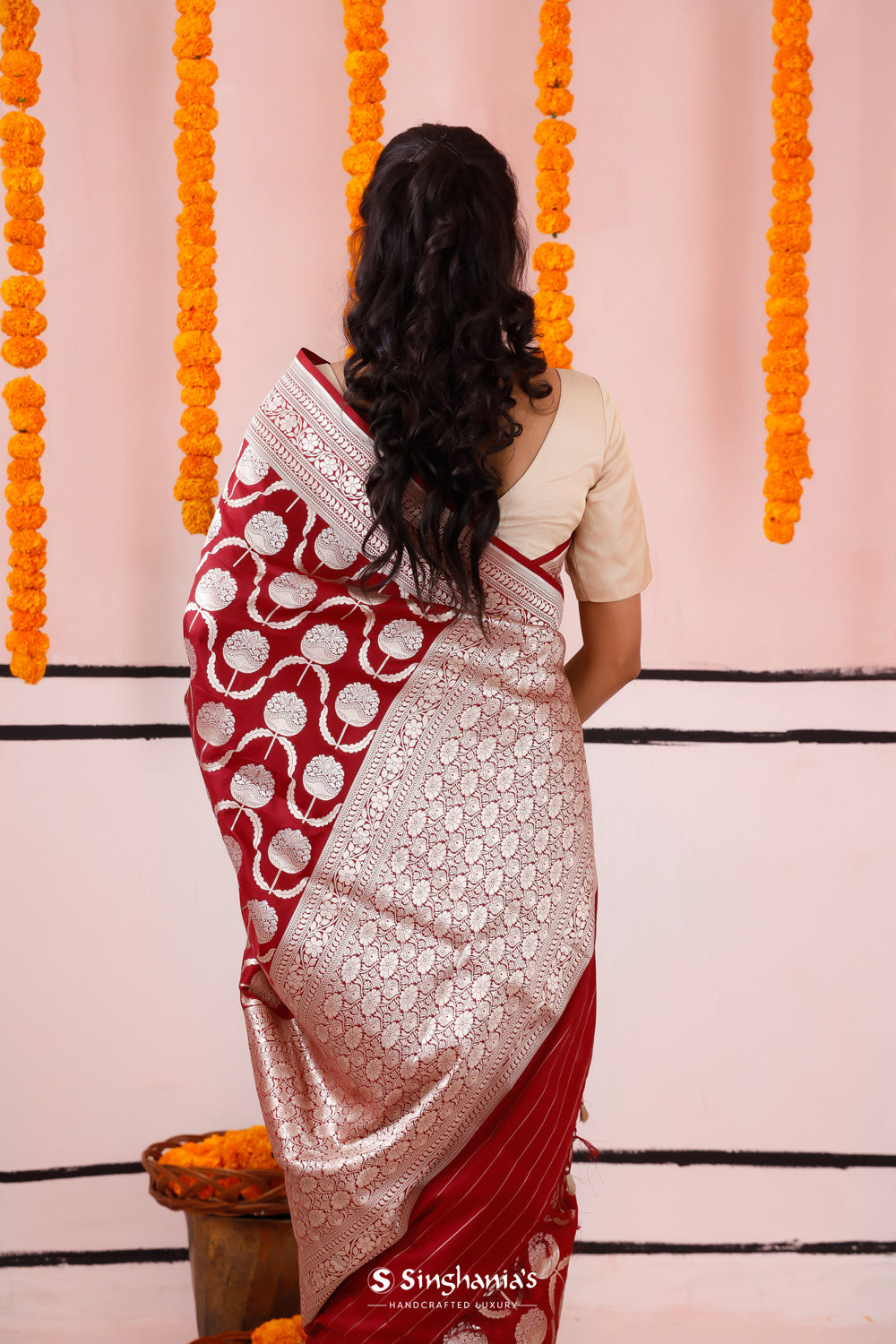 Burgundy Red Banarasi Silk Saree With Zari Butta