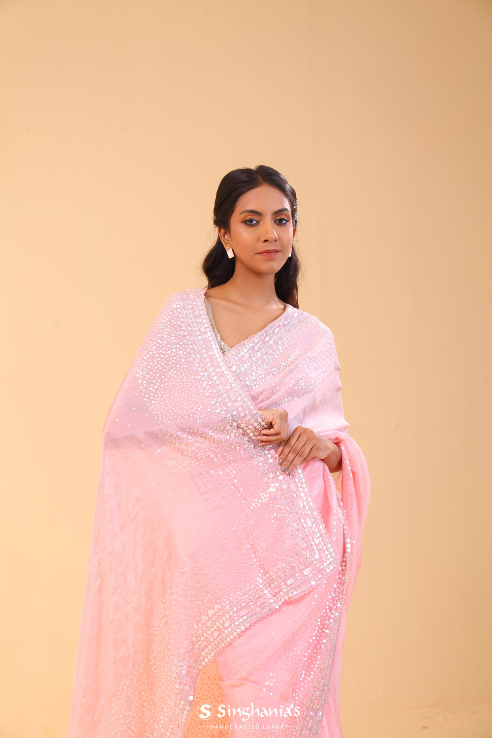 Pink Fluorite Organza Handcrafted Saree