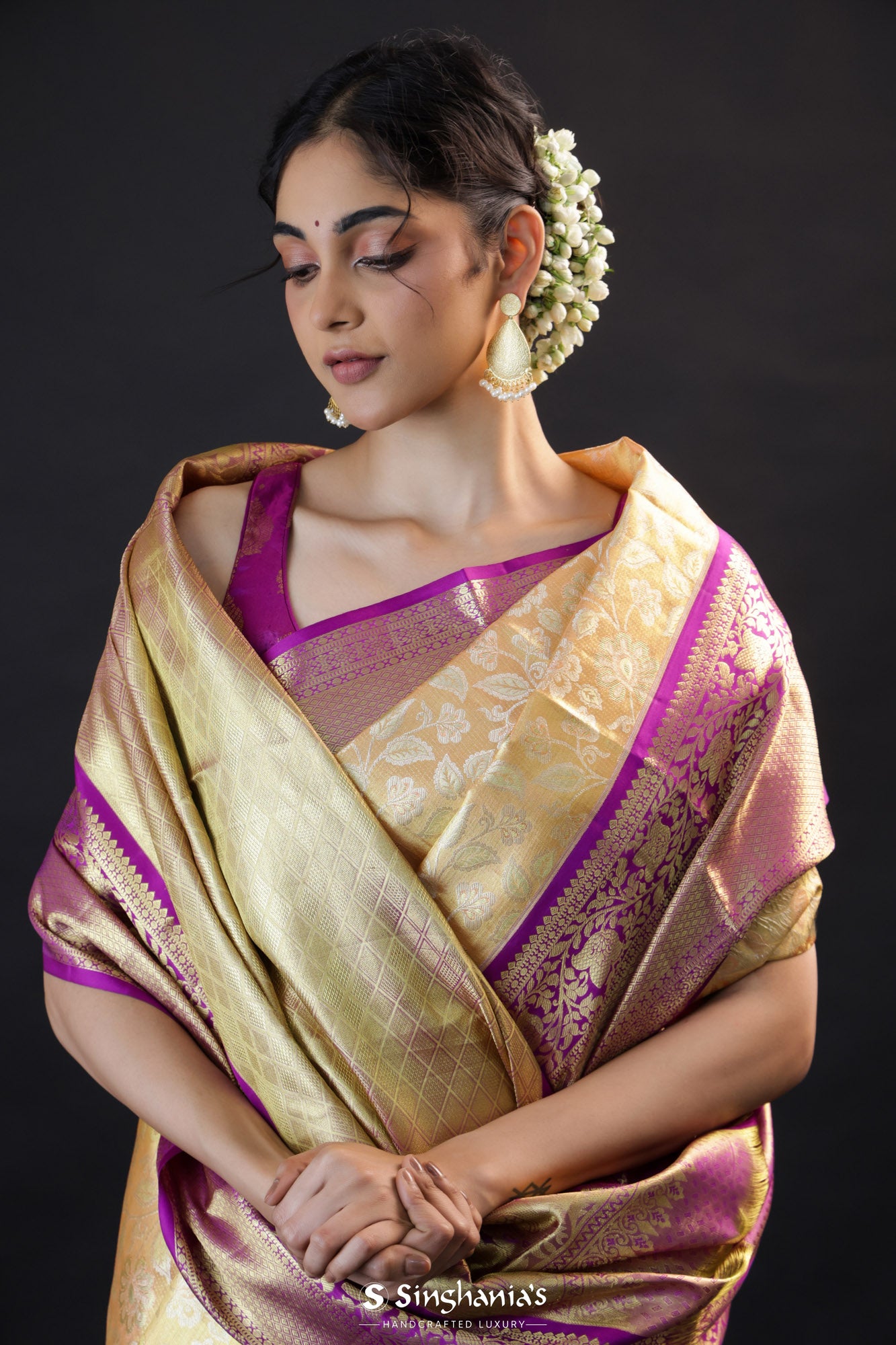 Pastel Gold Tissue Kanjivaram Silk Saree With Contrast Big Border