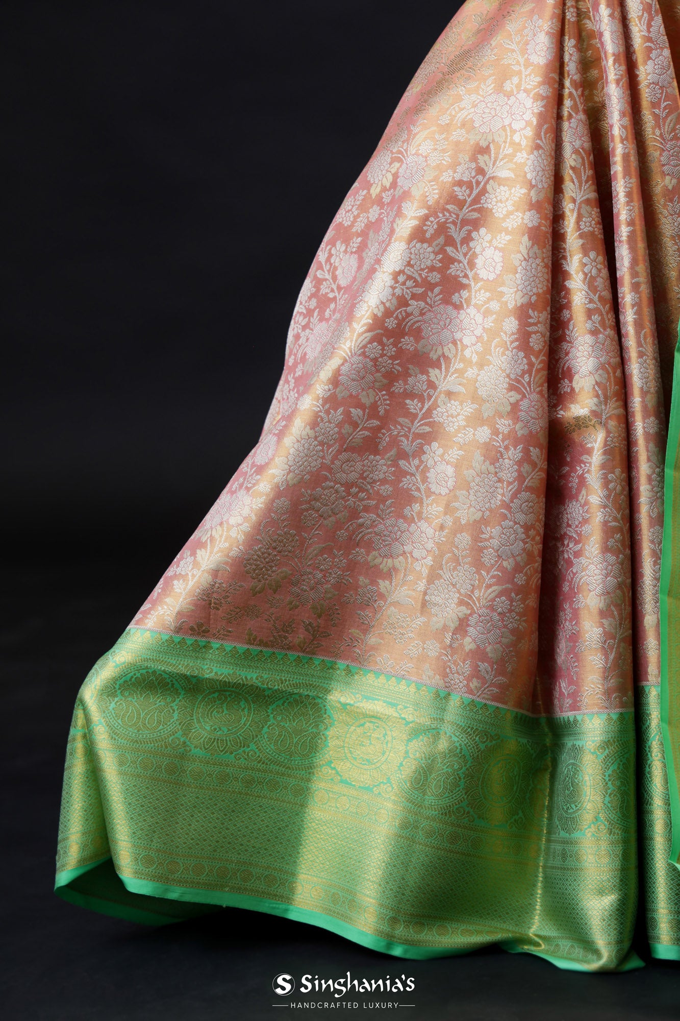 Pastel Peach Tissue Kanjivaram Silk Saree With Floral Jaal Weaving