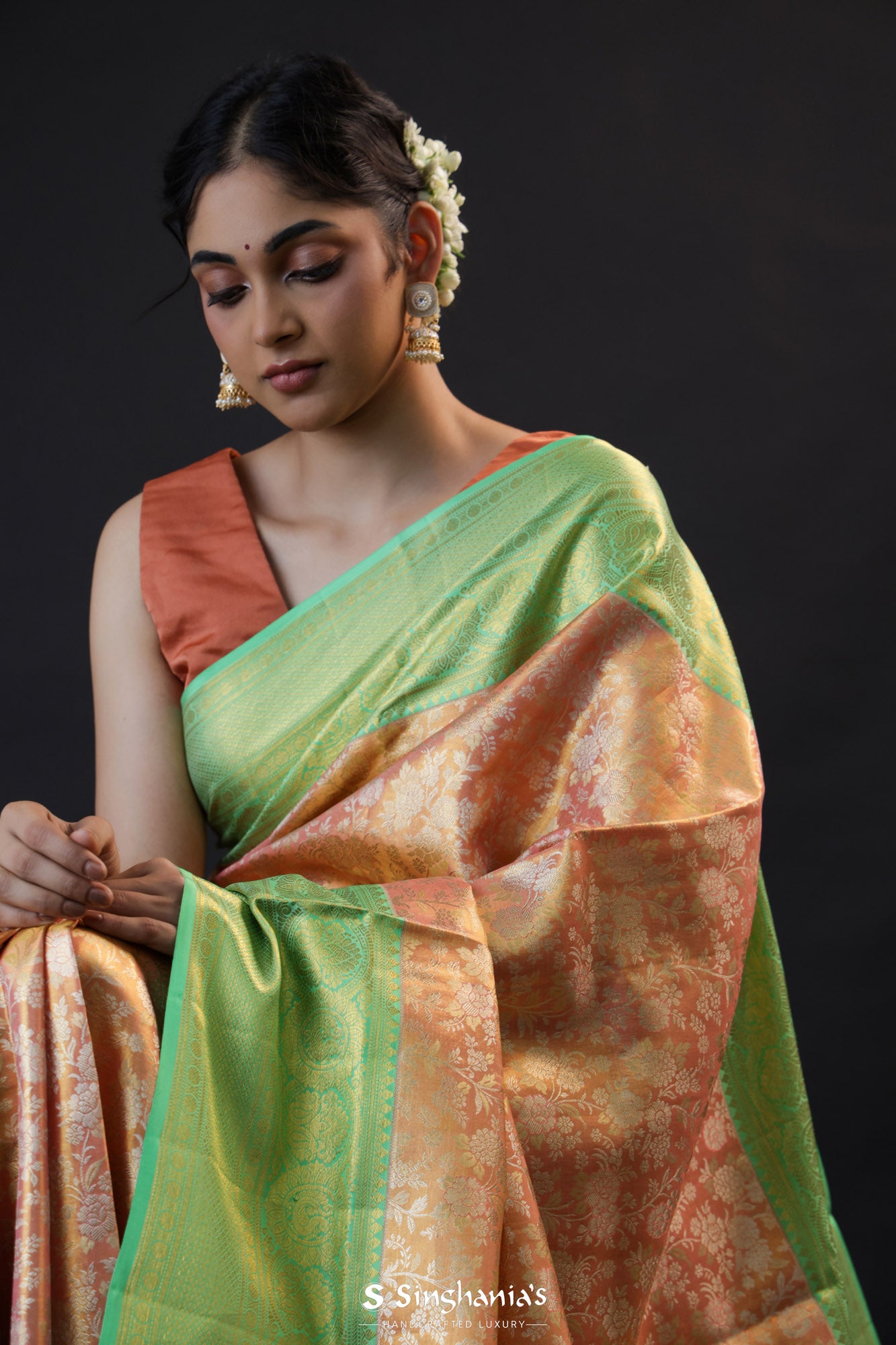 Pastel Peach Tissue Kanjivaram Silk Saree With Floral Jaal Weaving