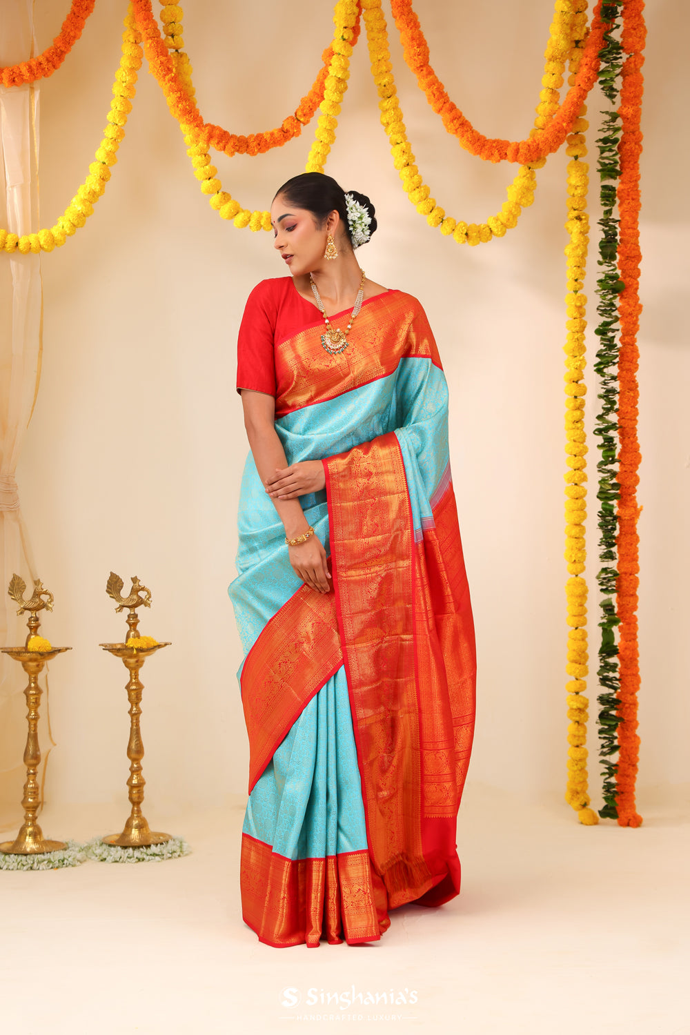 Cyan Blue Kanjivaram Silk Saree With Floral Jaal