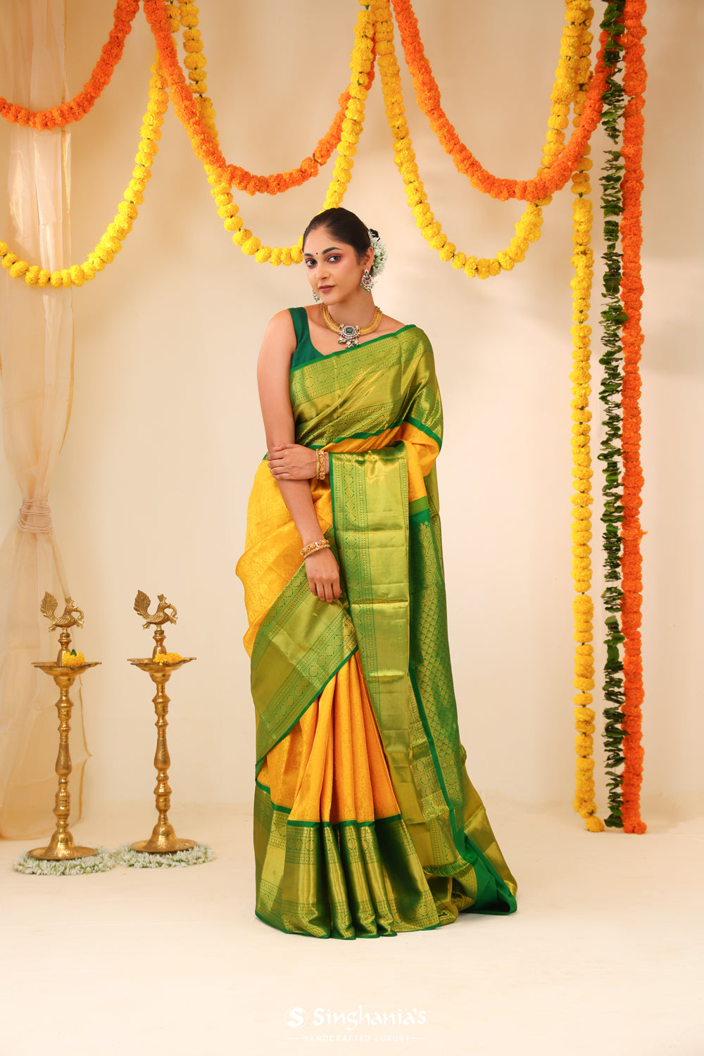 Golden Yellow Kanjivaram Silk Saree With Floral Jaal Work