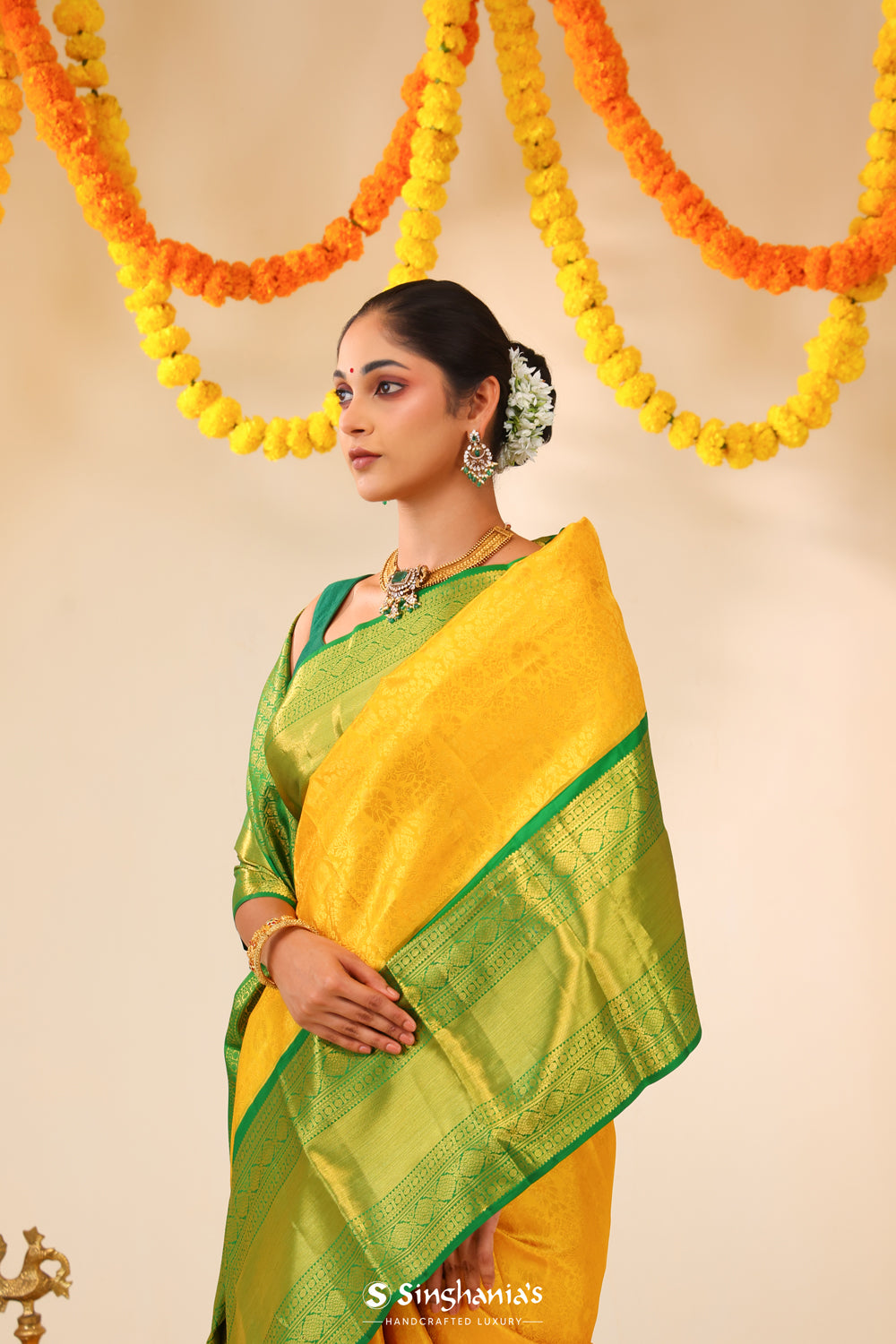 Golden Yellow Kanjivaram Silk Saree With Floral Jaal Work