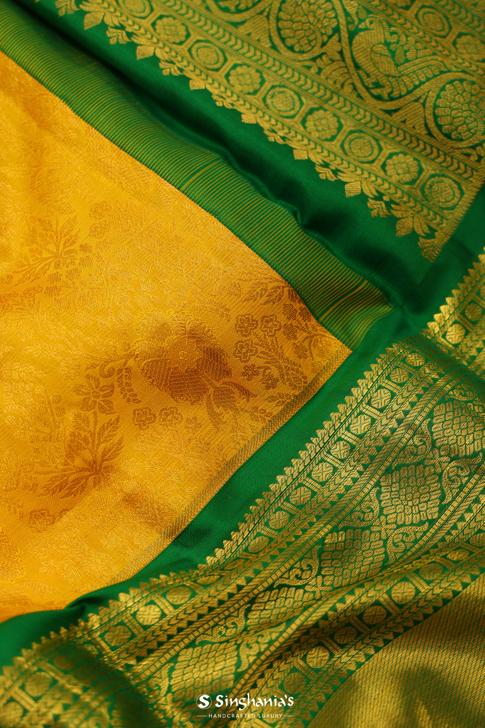 Golden Yellow Kanjivaram Silk Saree With Floral Jaal Work