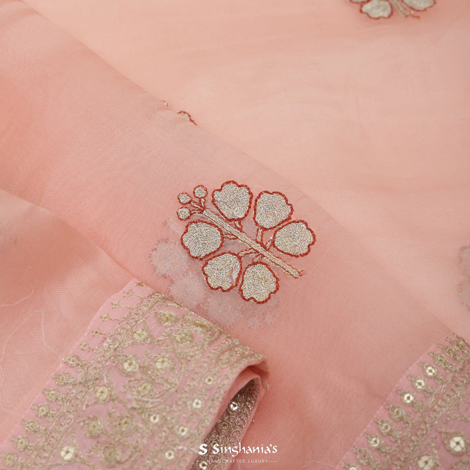 Baby Pink Organza Saree With Hand Embroidery