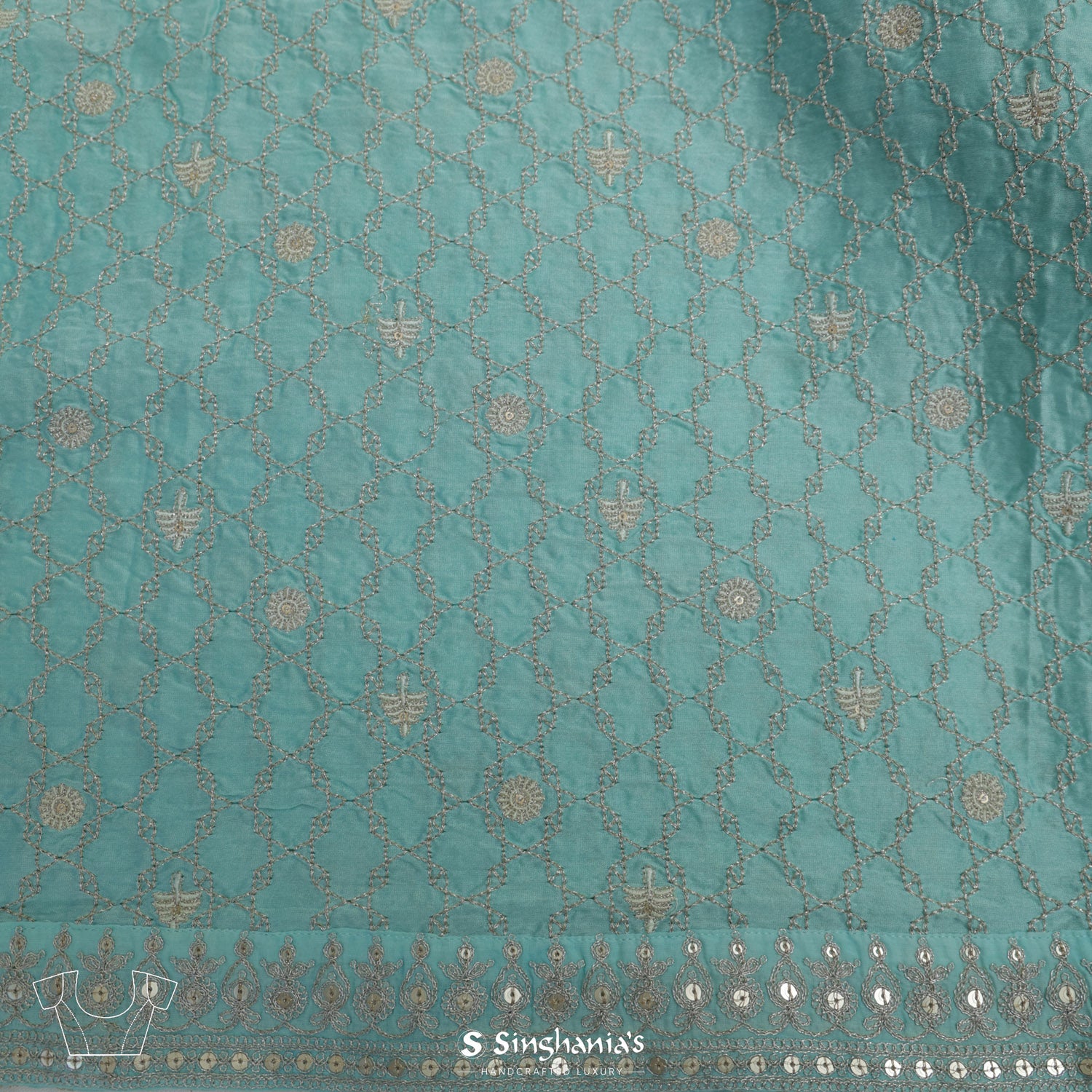 Light Turquoise Blue Organza Saree With Floral Buttis