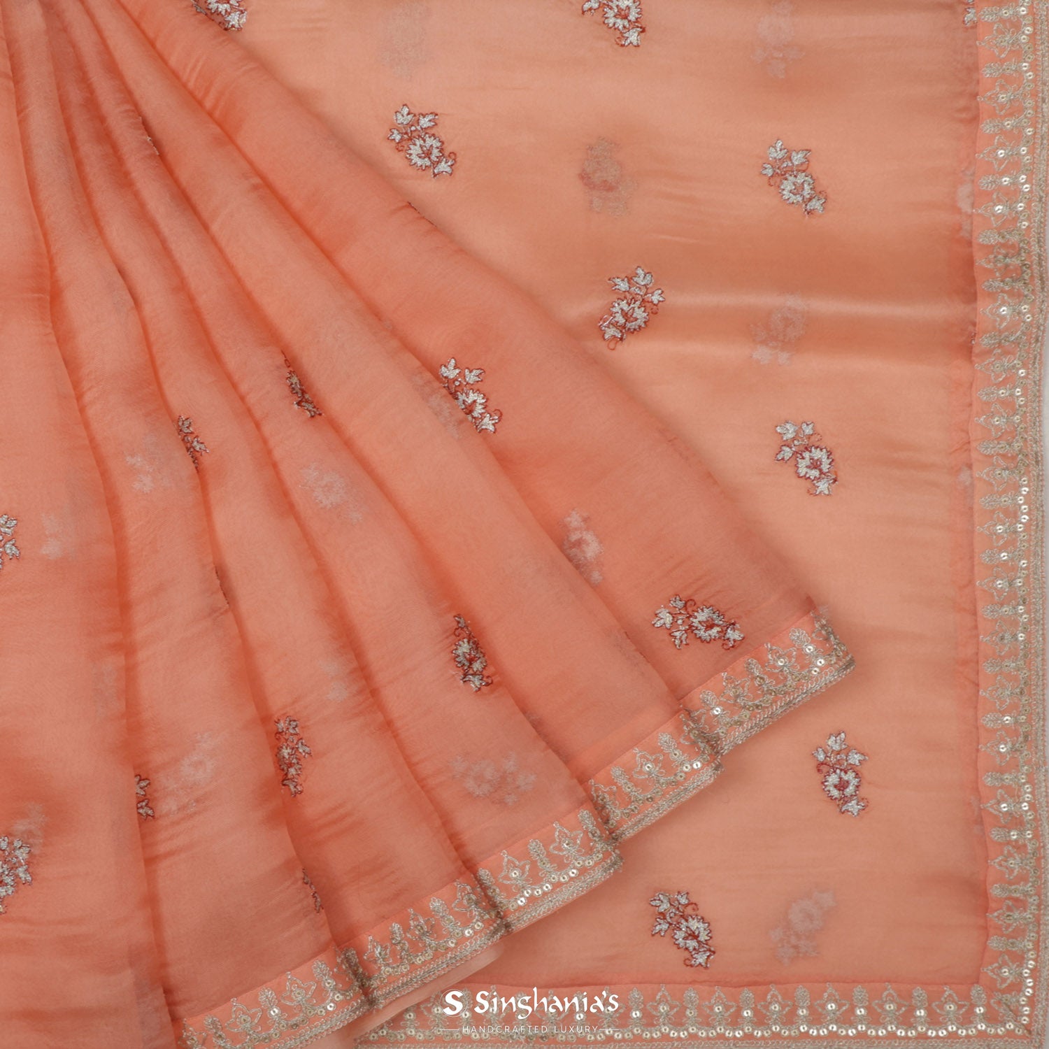 Atomic Tangerine Orange Organza Saree With Embroidery