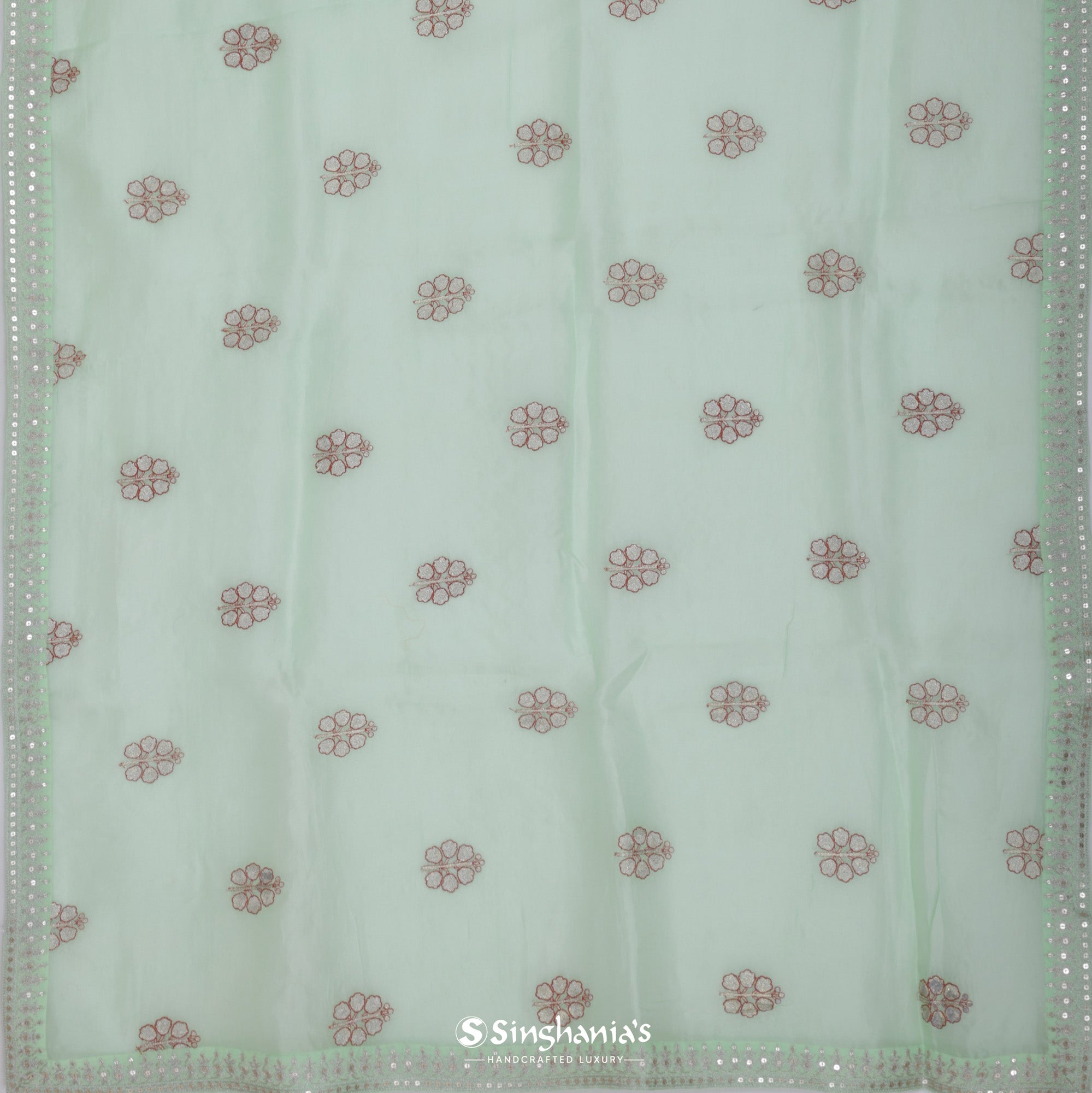 Celadon Green Printed Organza Saree With Embroidery
