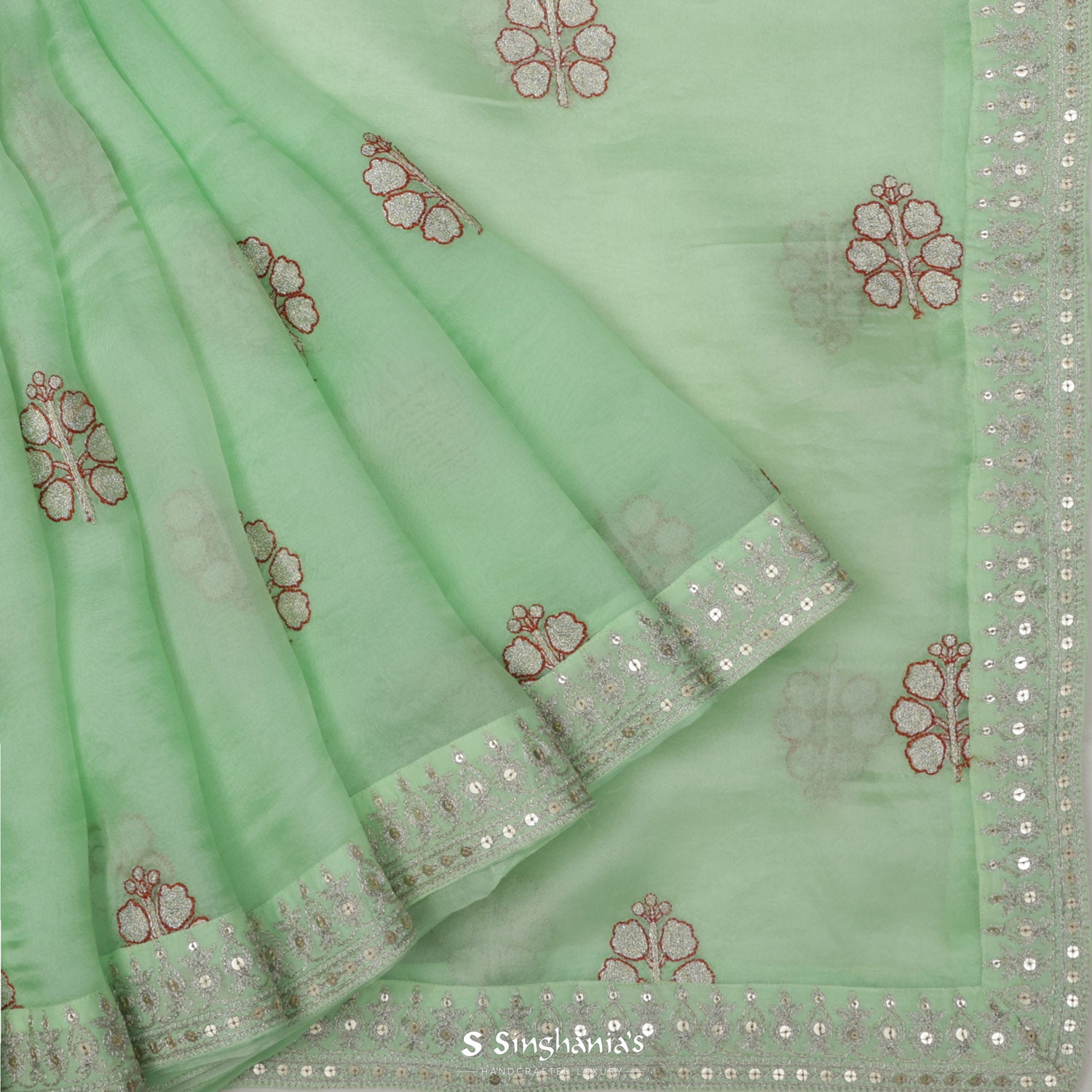 Celadon Green Printed Organza Saree With Embroidery