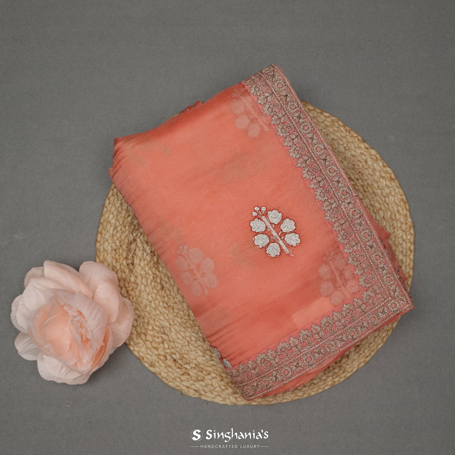 Coral Orange Organza Saree With Embroidery