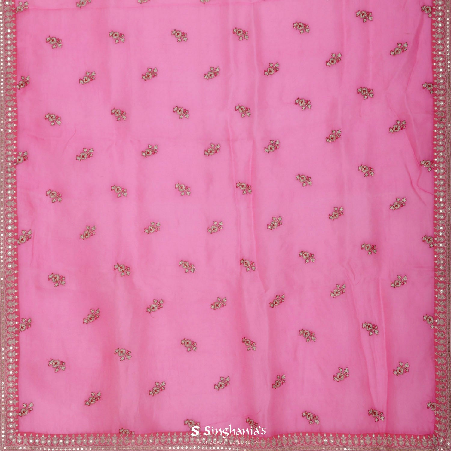 Thulian Pink Organza Saree With Floral Thread Buttis