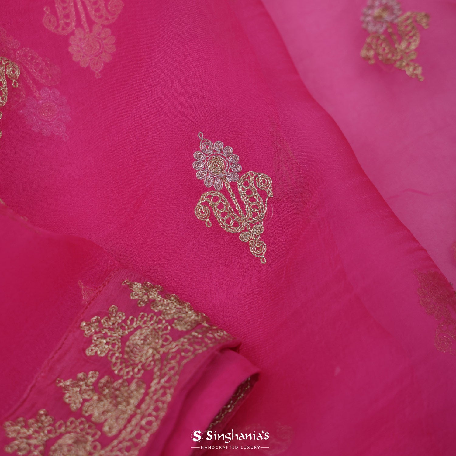 Cherry Pink Printed Organza Saree With Floral Pattern