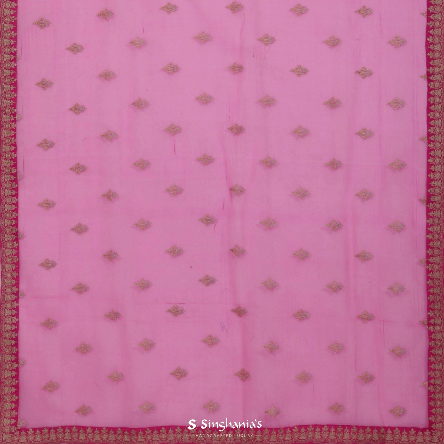 Cherry Pink Printed Organza Saree With Floral Pattern