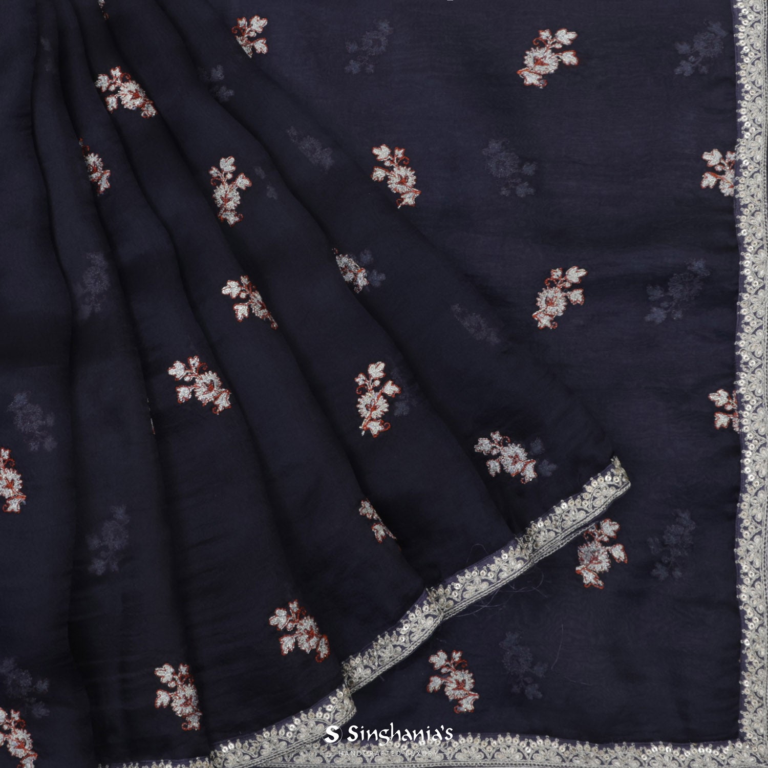 Independence Blue Organza Saree With Floral Thread Pattern