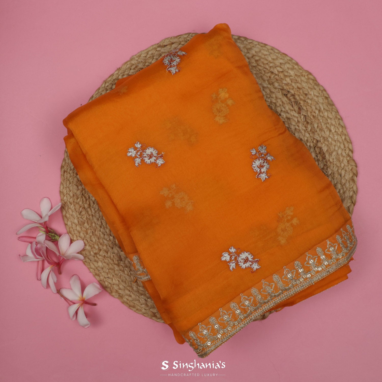 Yam Orange Organza Saree With Floral Embroidery