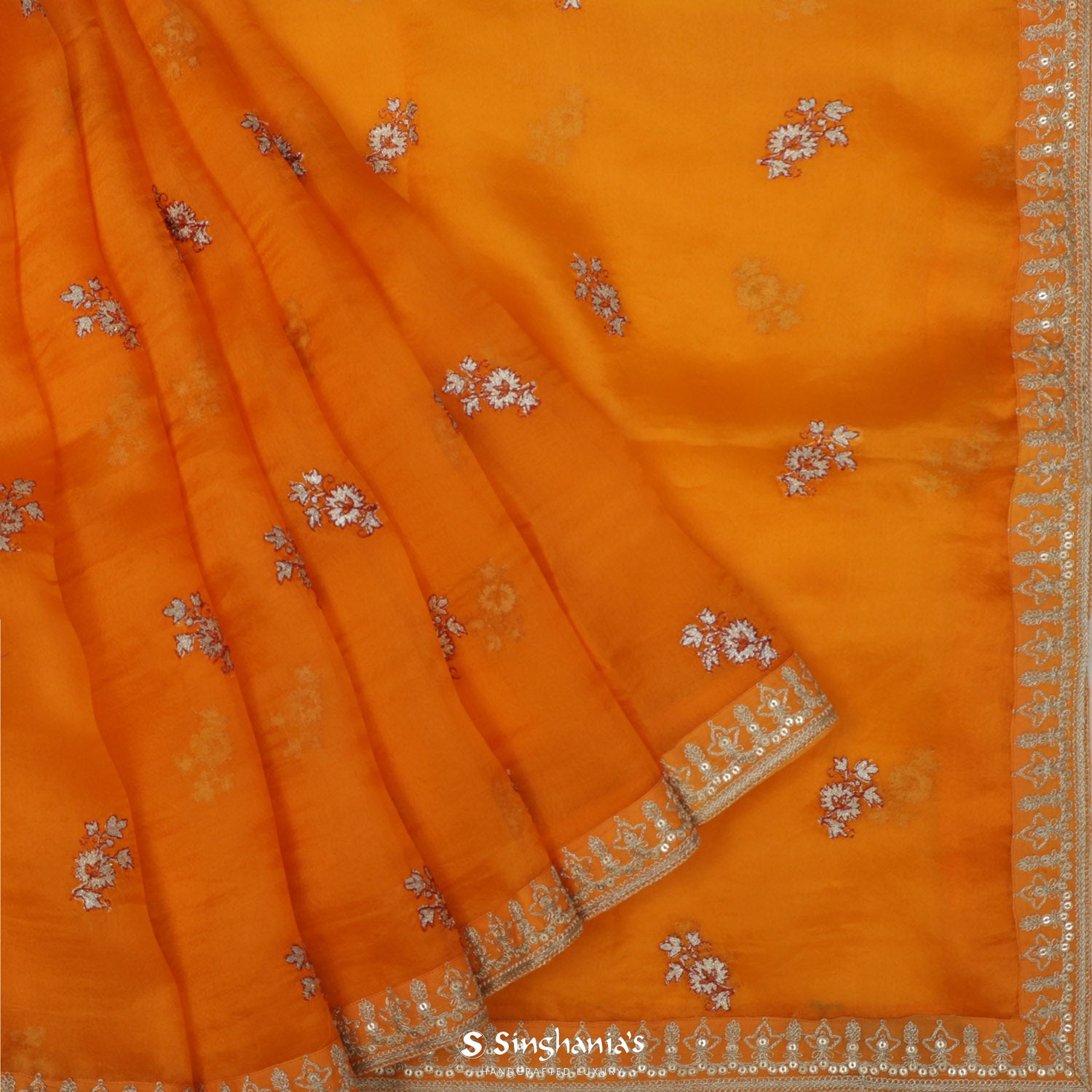 Yam Orange Organza Saree With Floral Embroidery