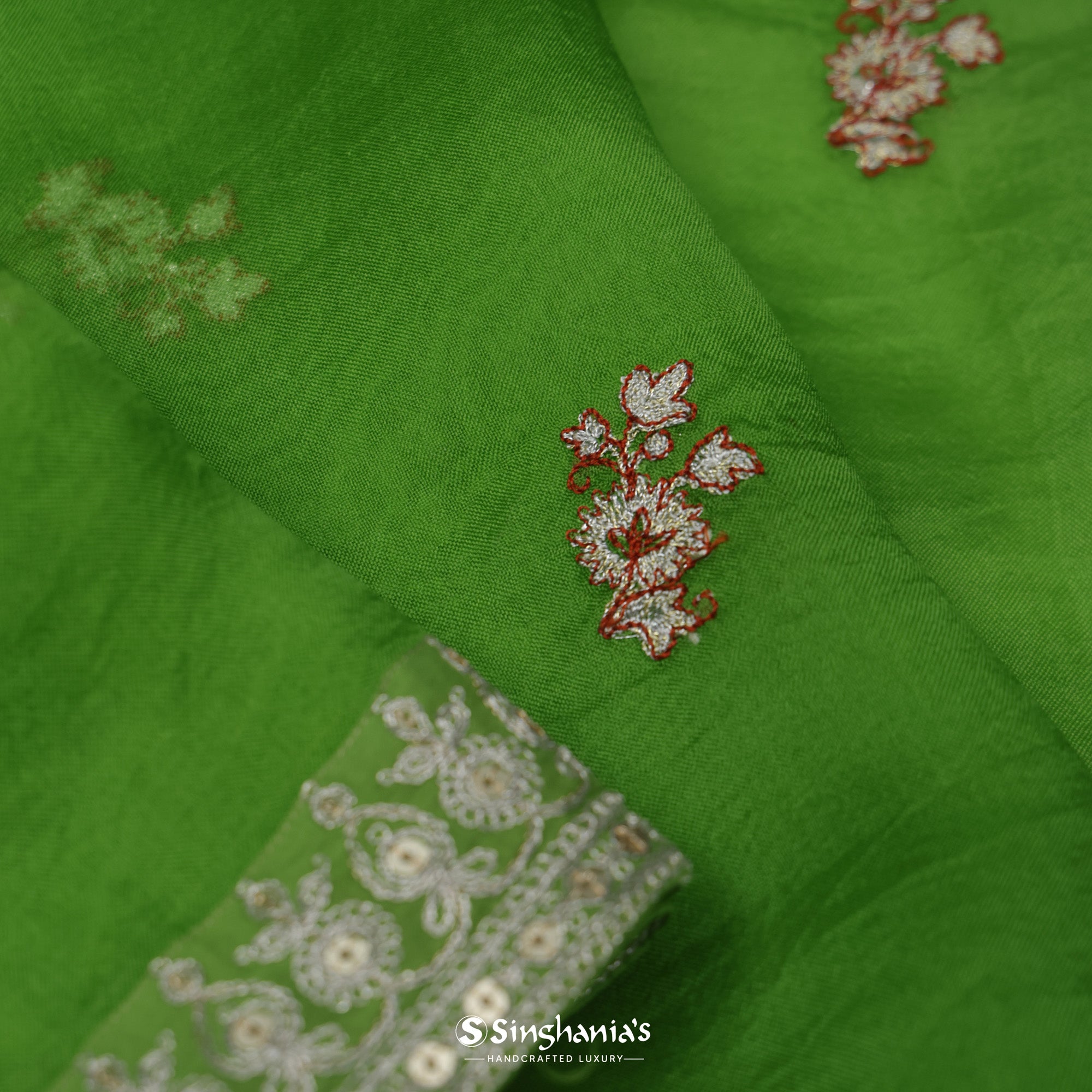 Parrot Green Organza Saree With Embroidery