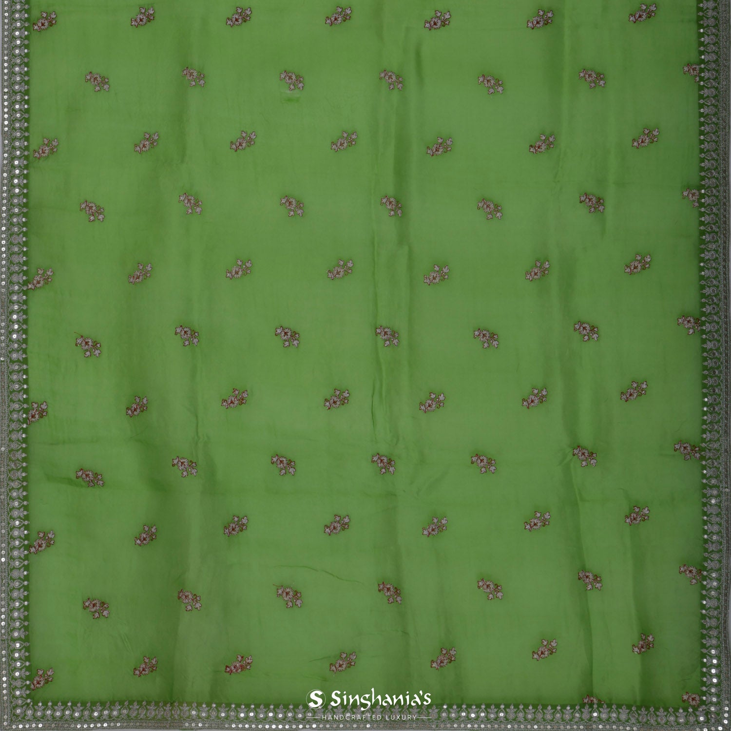 Parrot Green Organza Saree With Embroidery