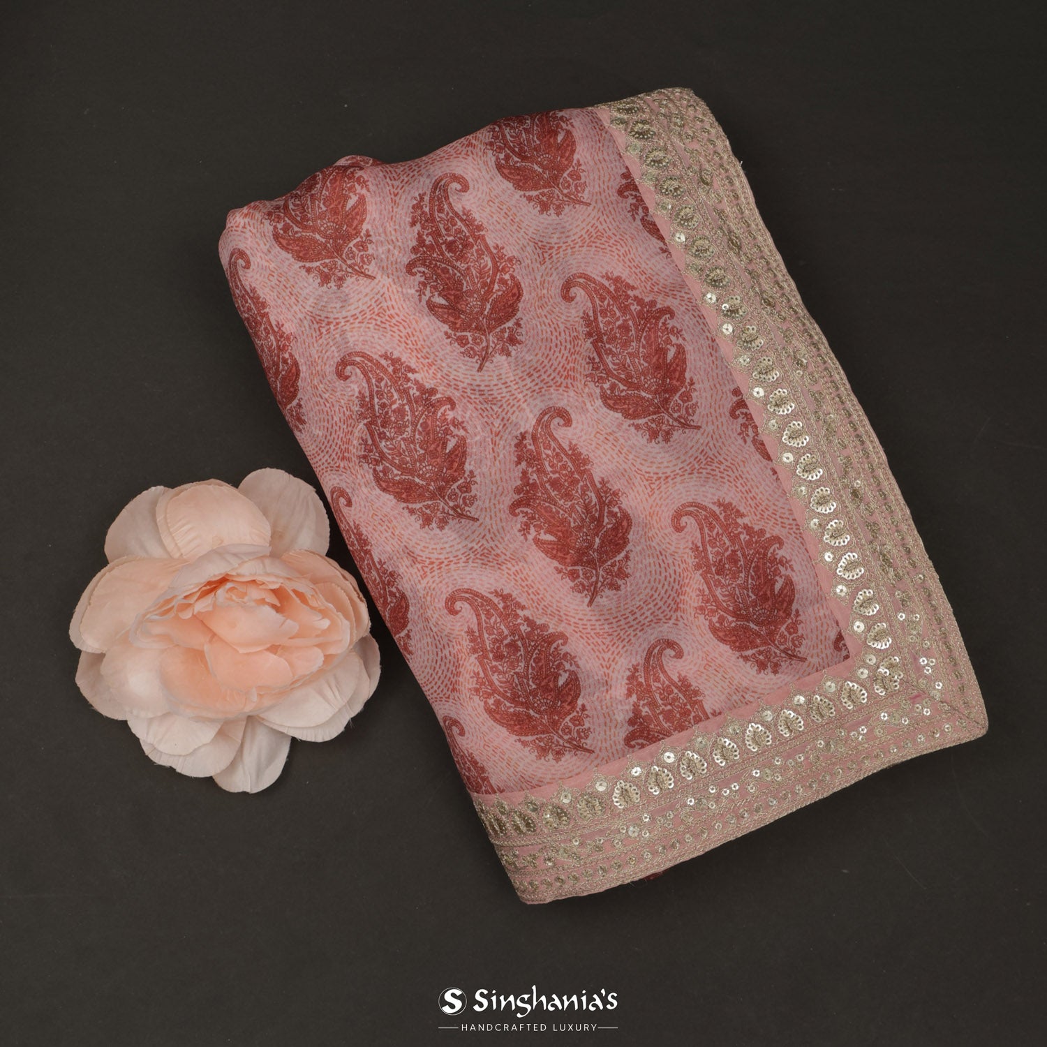 Pale Pink Organza Saree With Hand Embroidery