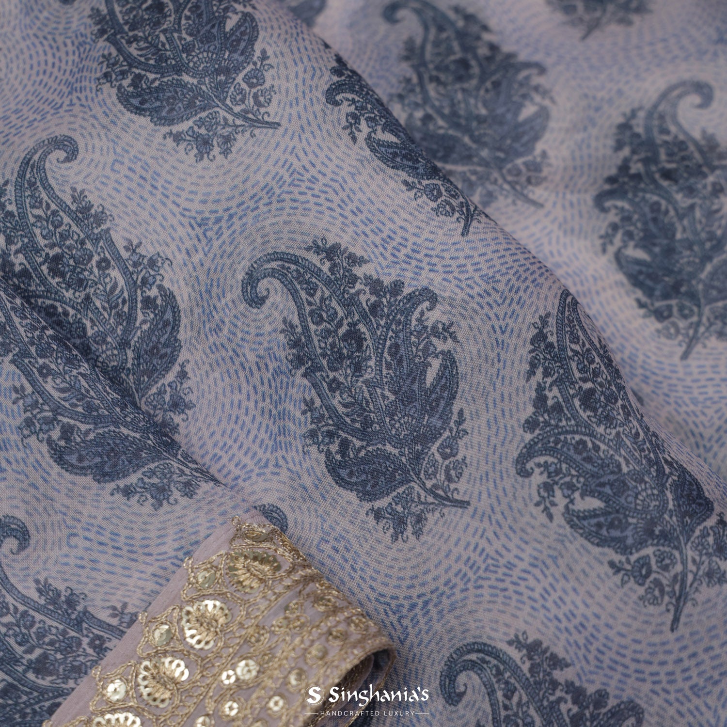 Lavender Gray Organza Saree With Hand Embroidery