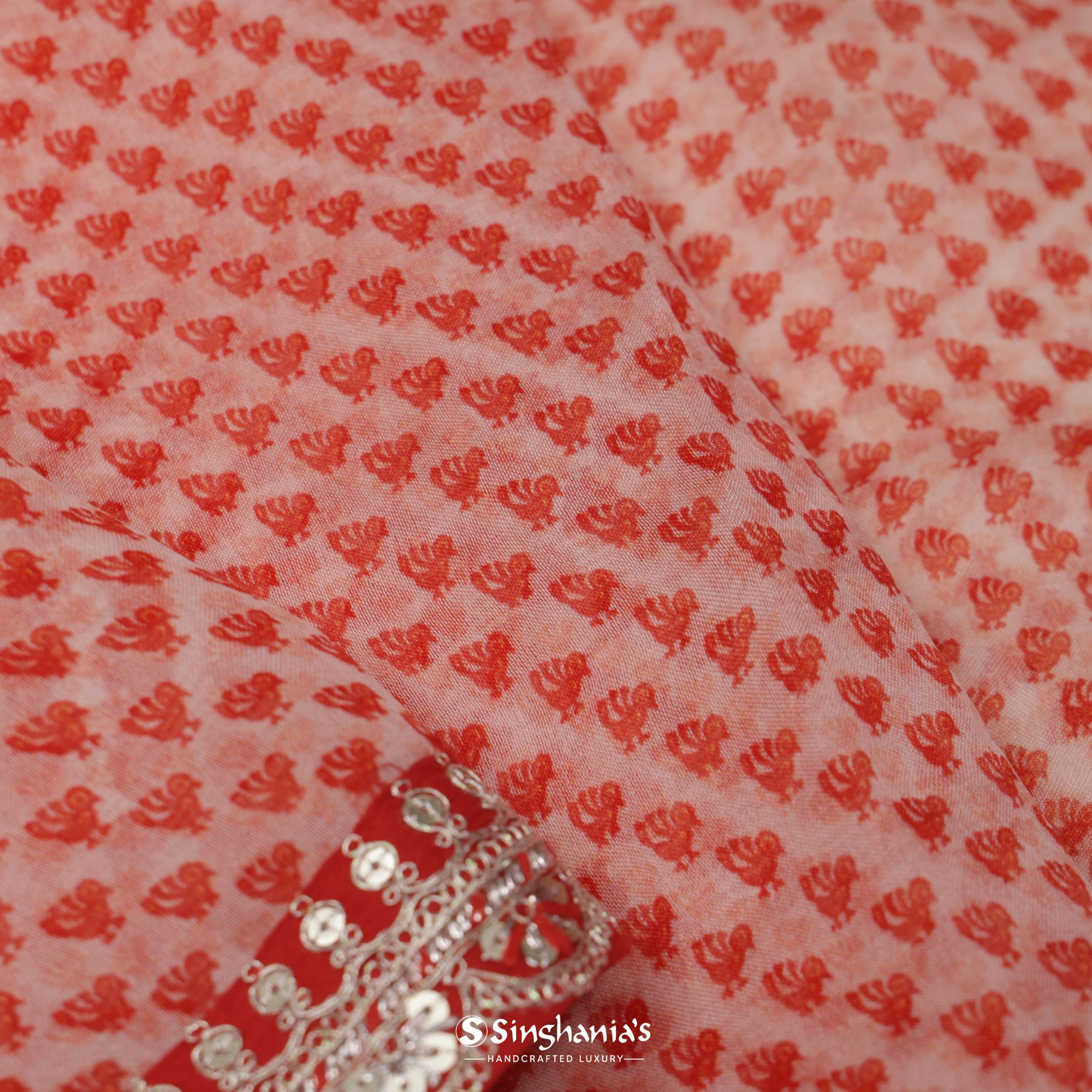 Passion Red Printed Organza Saree With Embroidery