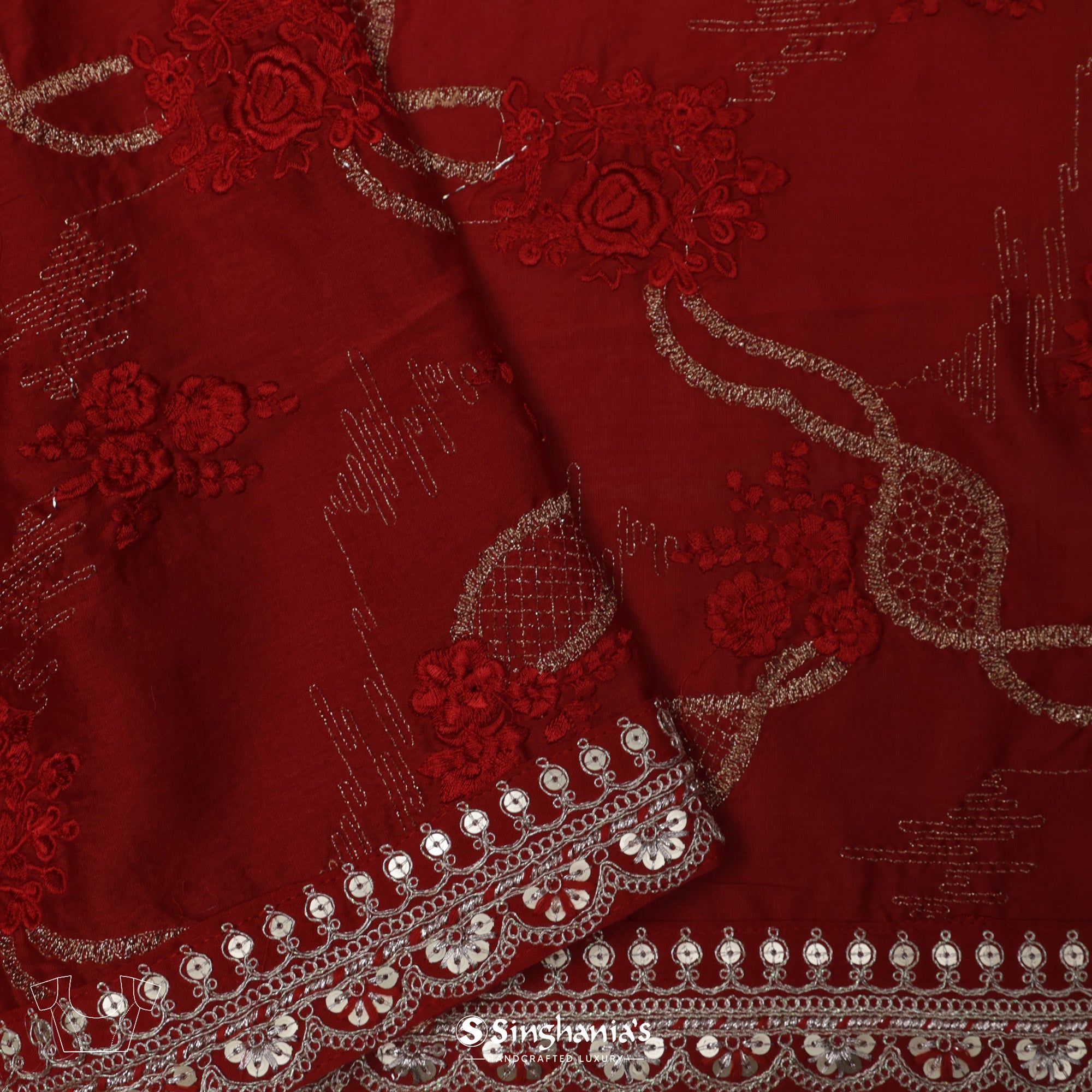 Jasper Red Printed Organza Saree With Embroidery