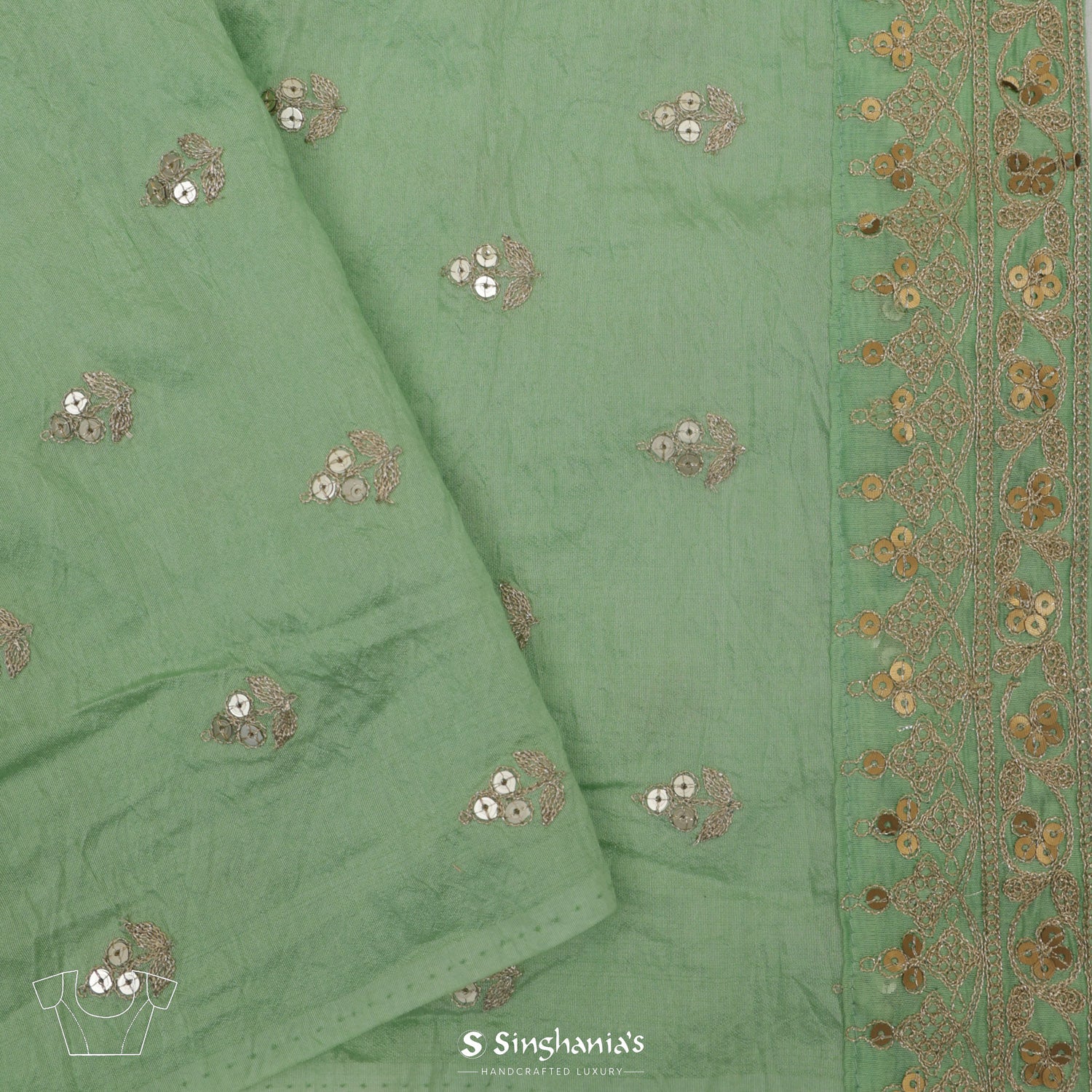 Celadon Green Net Saree With Hand Embroidery